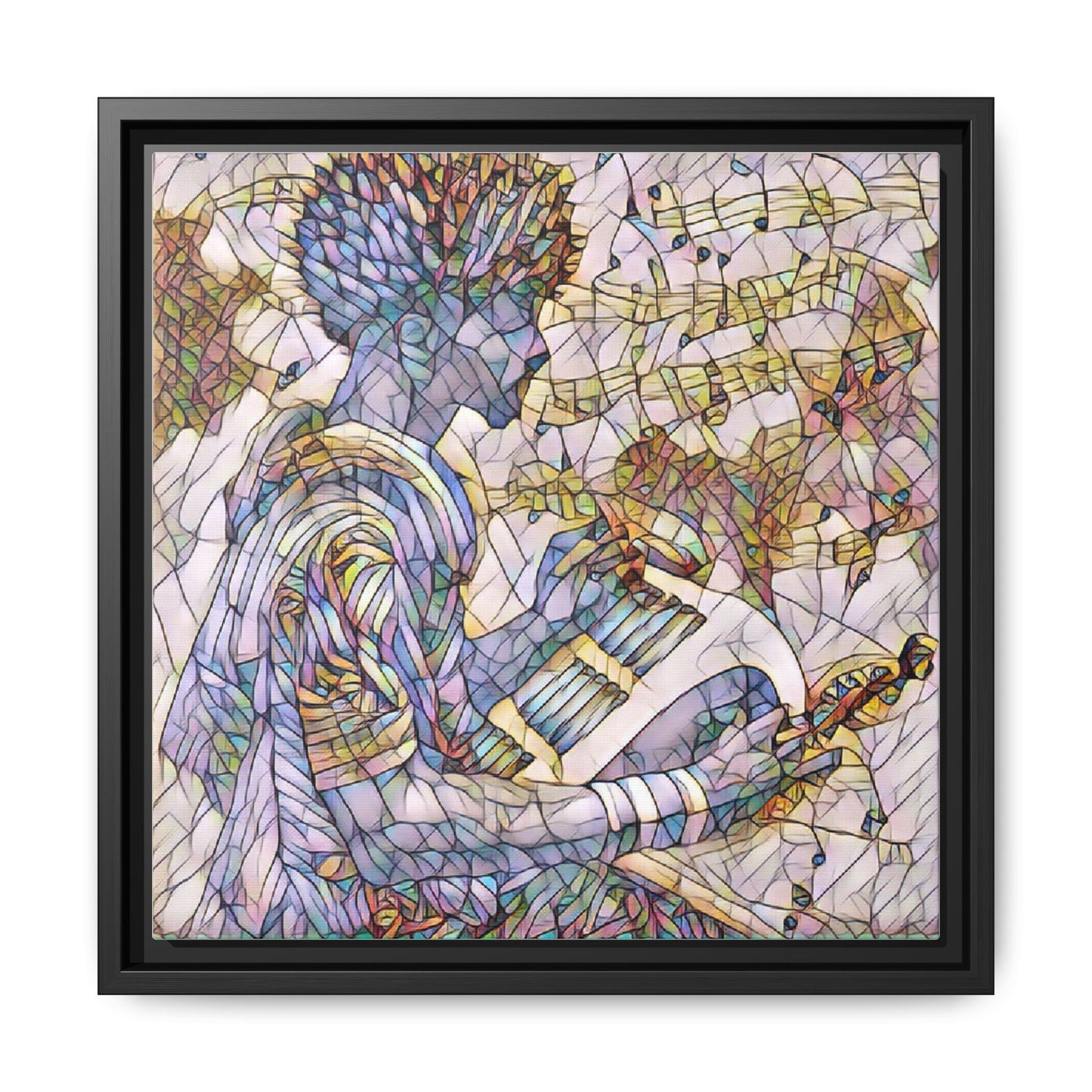 Abstract Jazz Musician Framed Canvas Art — Colorful Stained-Glass Style Wall Decor