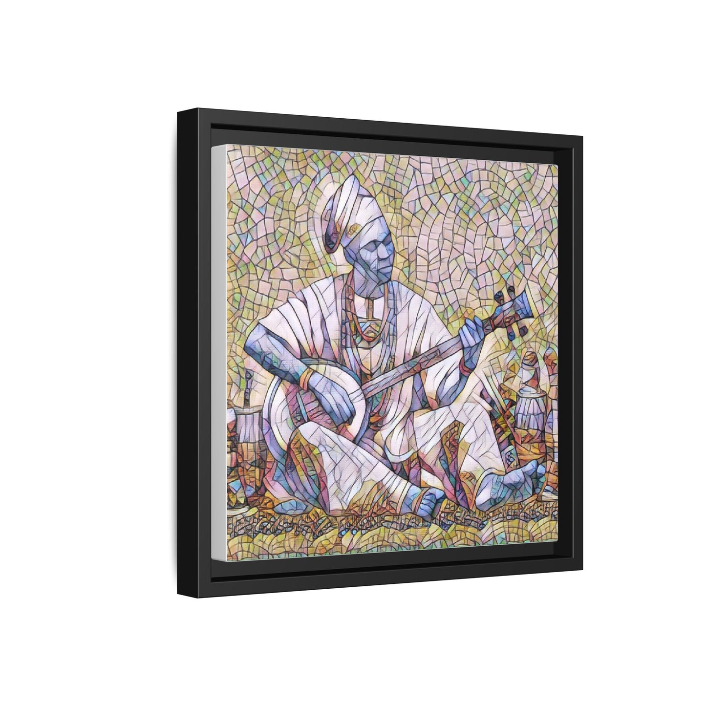 Framed Mosaic Musician Canvas Art — African Griot with Kora