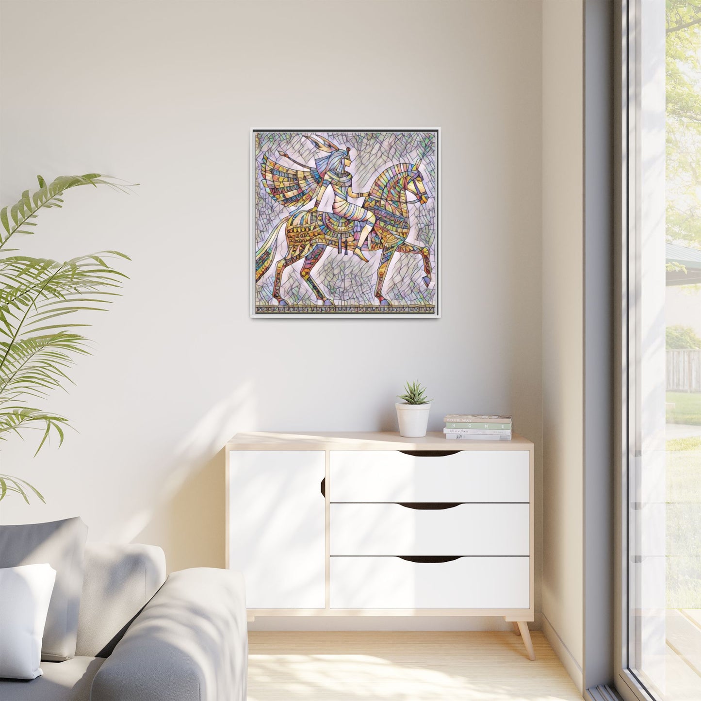 Stained-Glass Style Egyptian Horseman Framed Canvas Print