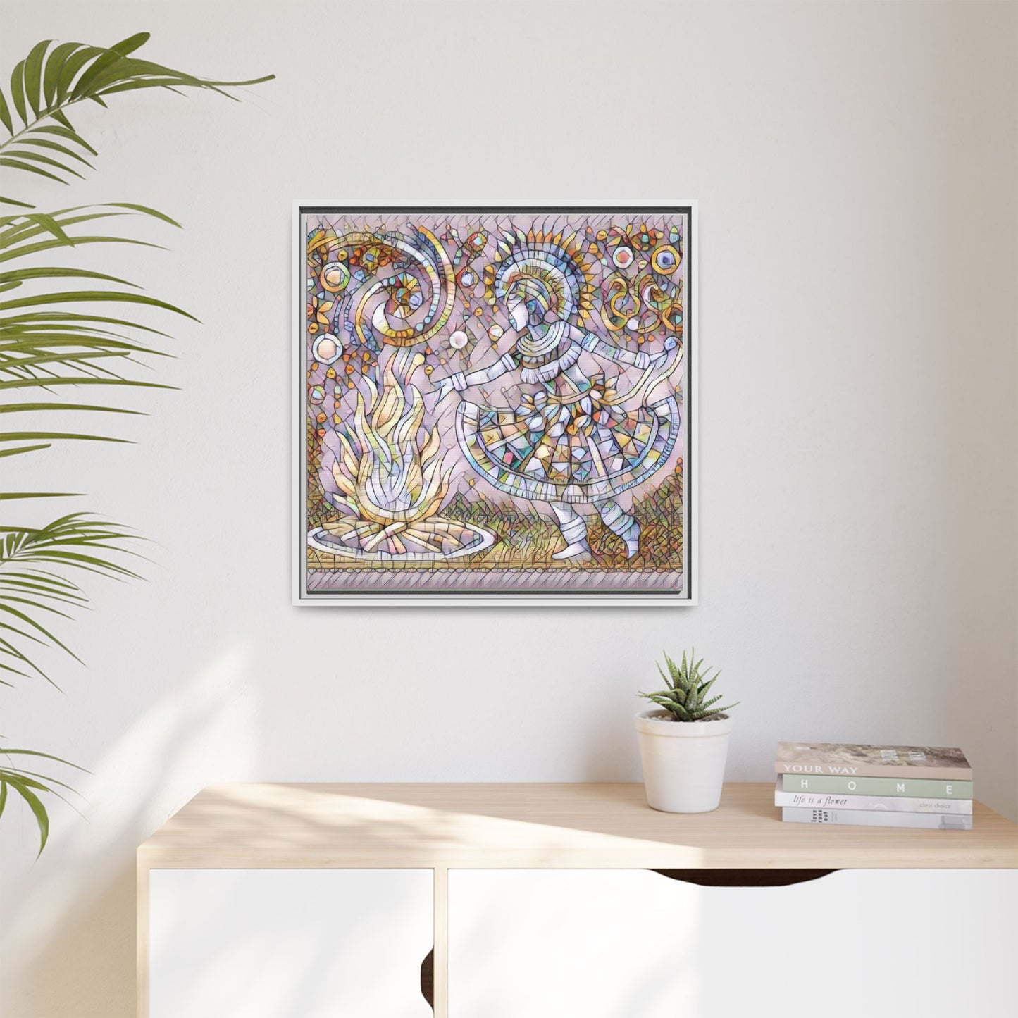 Bohemian Fire Dancer Framed Canvas Art — Colorful Folk Mosaic Wall Decor