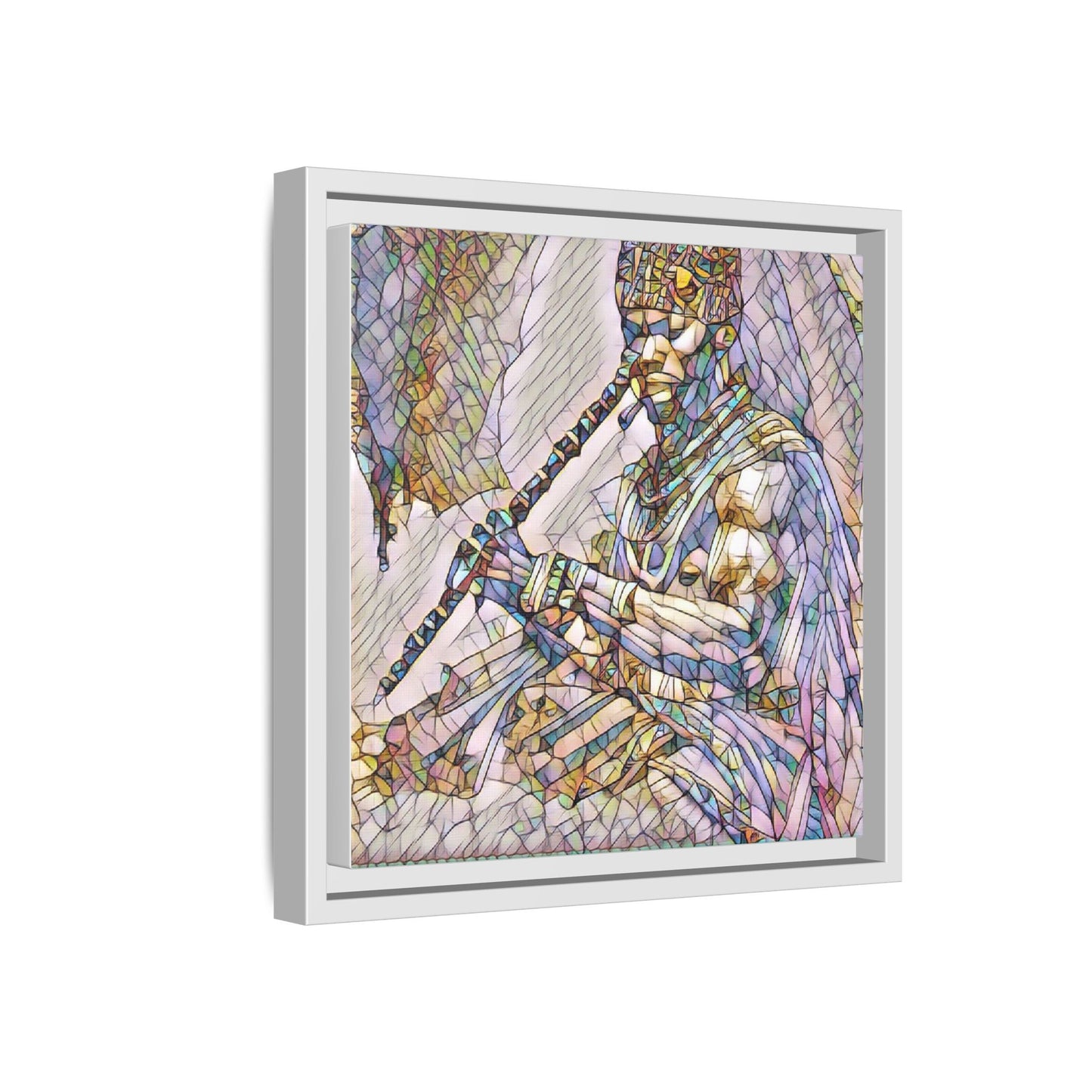 Tribal Flute Musician Stained-Glass Framed Canvas Art