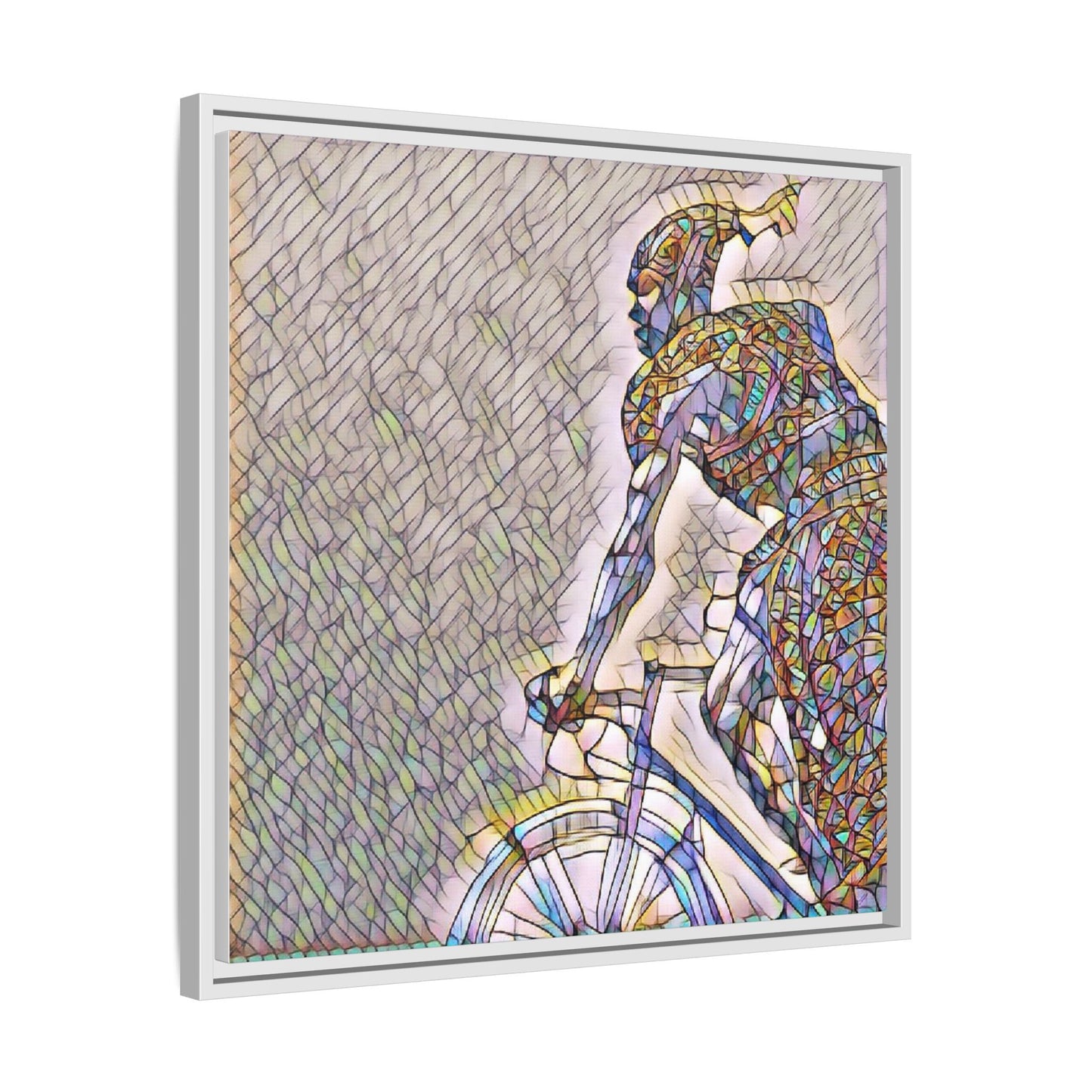 Cyclist Mosaic Matte Canvas Print — Framed Multicolor Bike Art