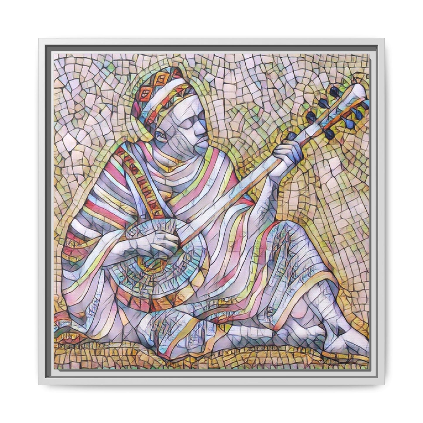 Framed Mosaic Musician Canvas – Colorful Bohemian Wall Art