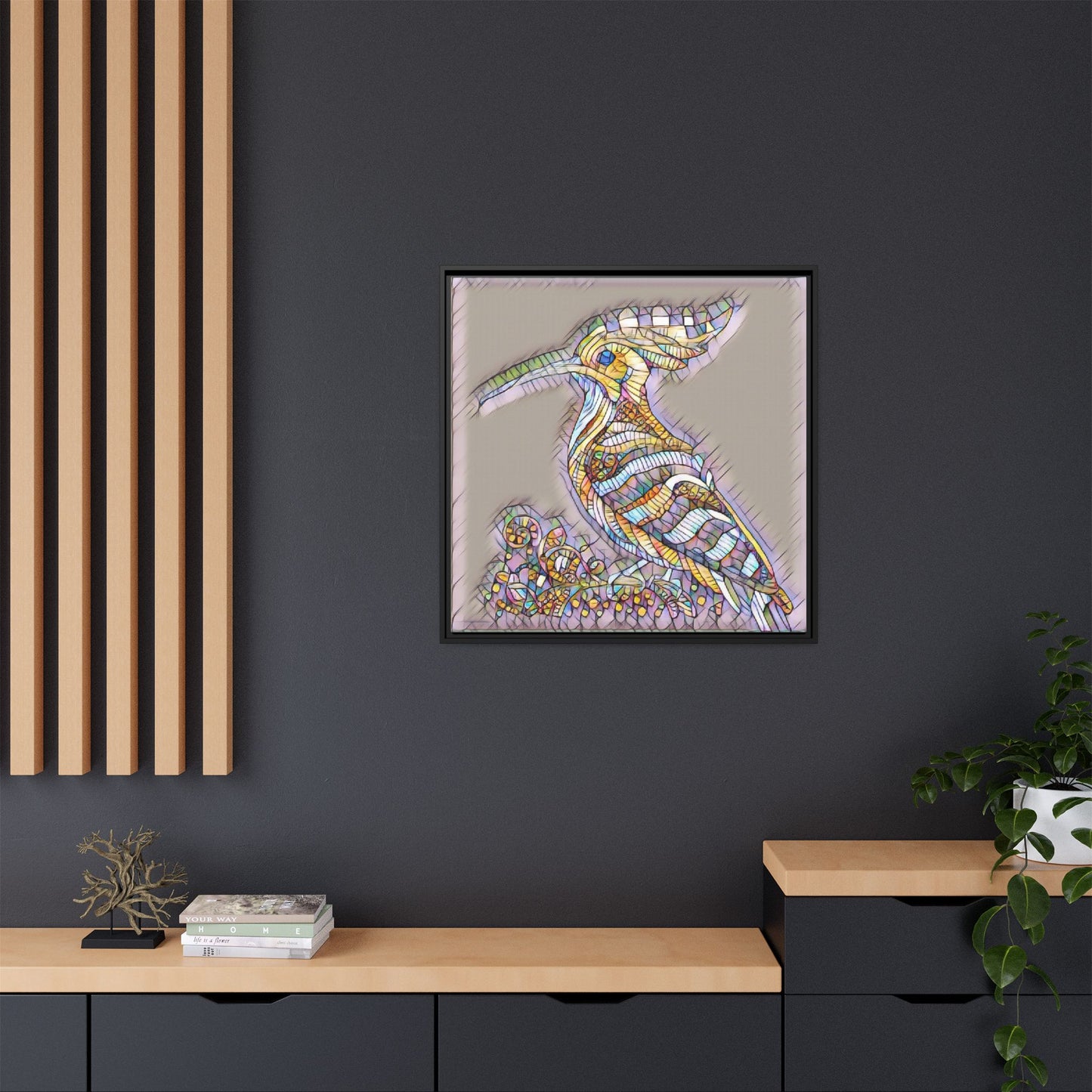 Colorful Mosaic Bird Framed Canvas Art — Whimsical Hoopoe Wall Decor