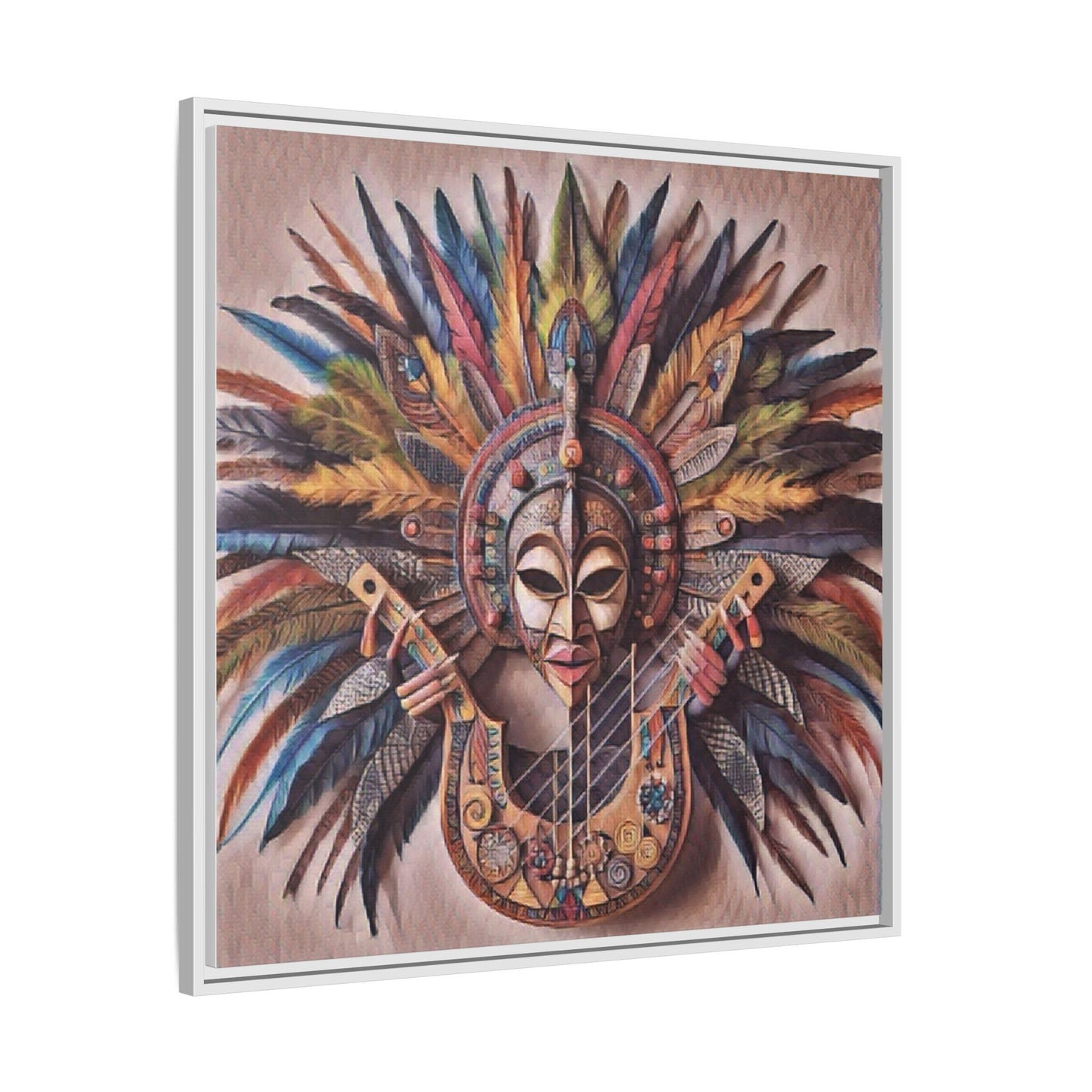Tribal Feather Mask Guitar Framed Canvas Art — Colorful Boho Wall Decor
