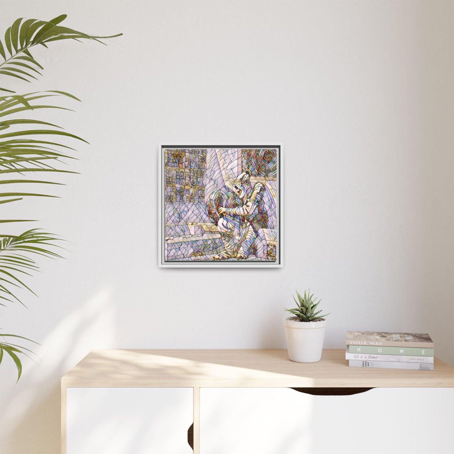 Framed Matte Canvas Art — Colorful Stained-Glass Astronaut Embrace