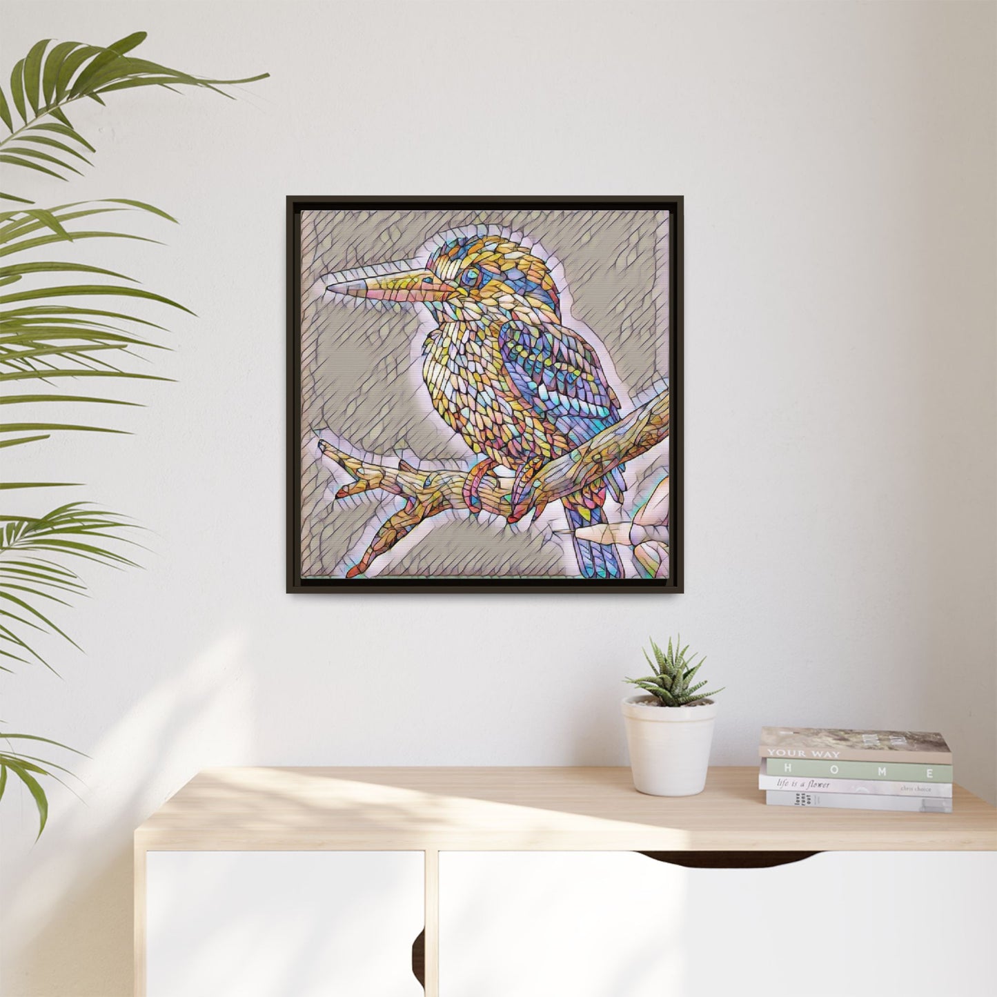 Colorful Kingfisher Framed Canvas Wall Art — Stained-Glass Style Bird Print