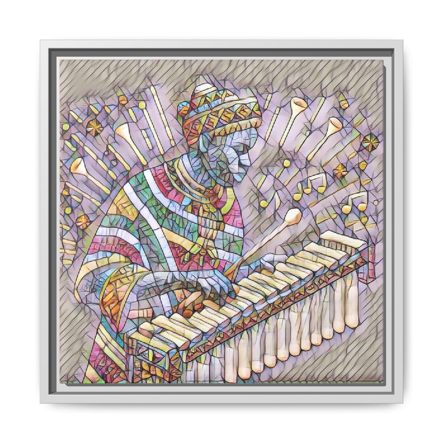 Colorful Marimba Musician Matte Framed Canvas — Vibrant African Instrument Wall Art