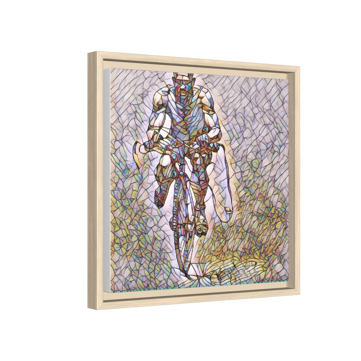 Cyclist Art Print — Framed Matte Canvas Wall Art (Multicolor Stained-Glass Style)