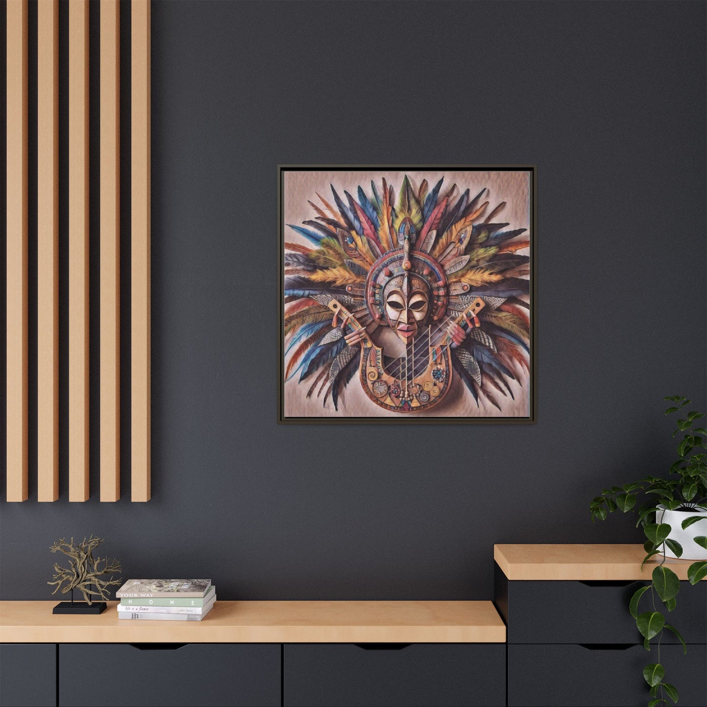 Tribal Feather Mask Guitar Framed Canvas Art — Colorful Boho Wall Decor