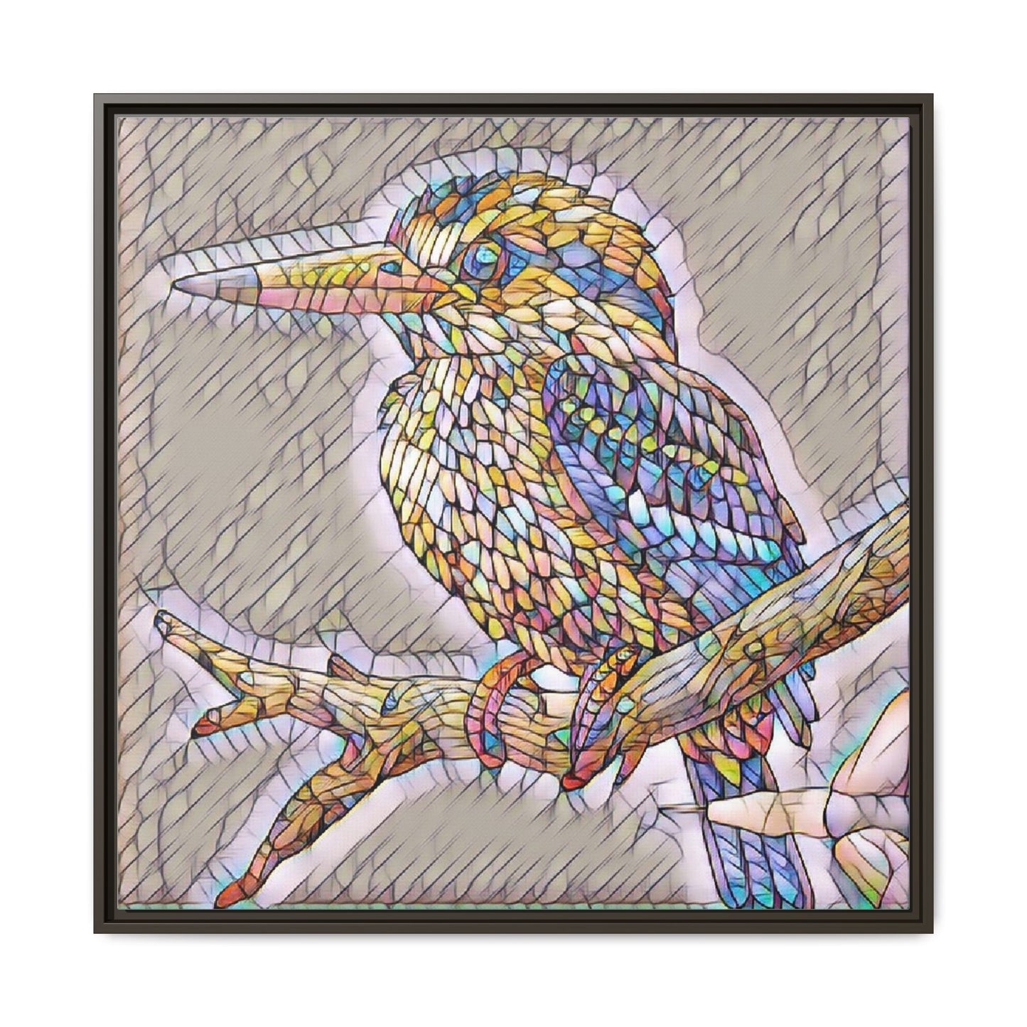 Colorful Kingfisher Framed Canvas Wall Art — Stained-Glass Style Bird Print