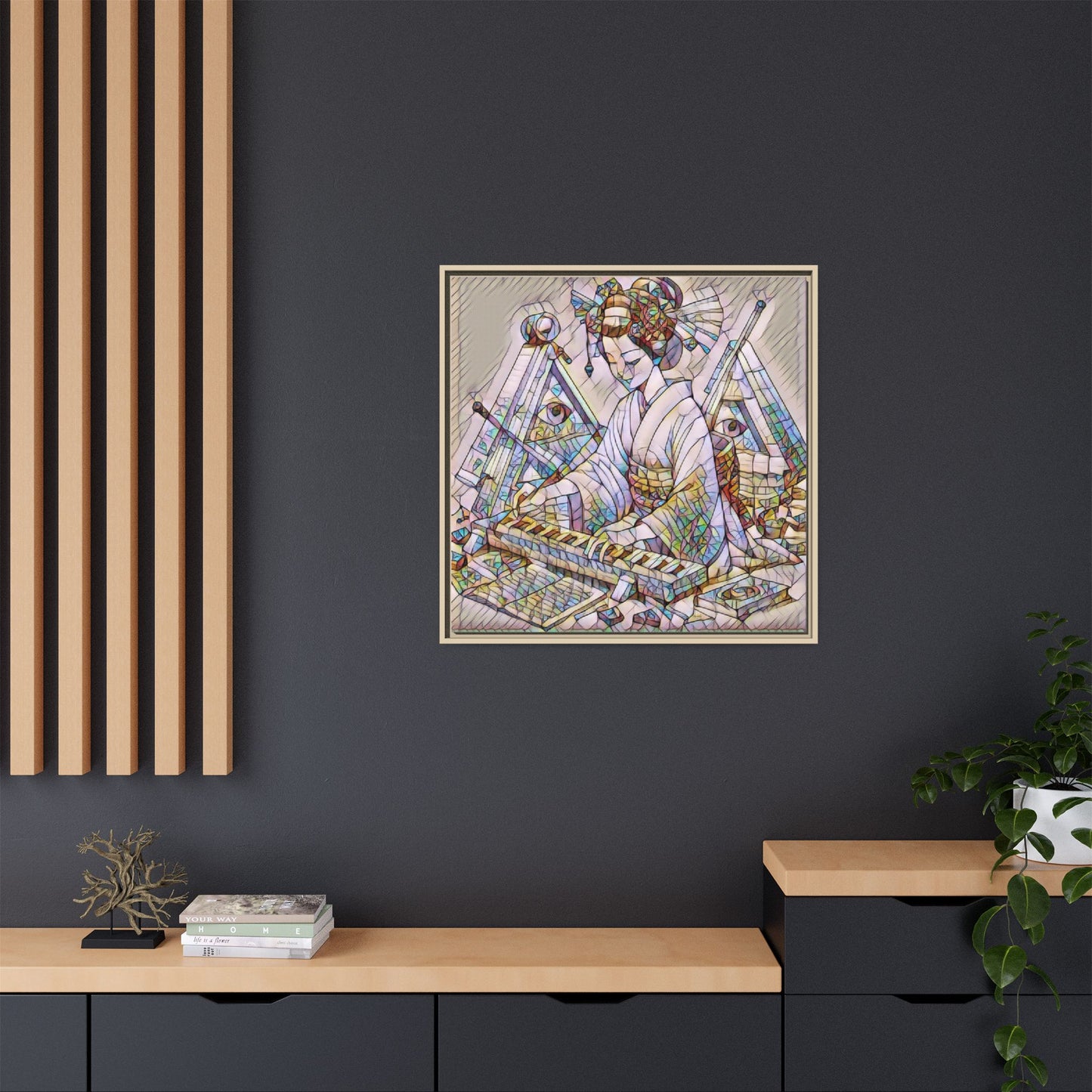 Framed Matte Canvas: Stained-Glass Geisha Wall Art