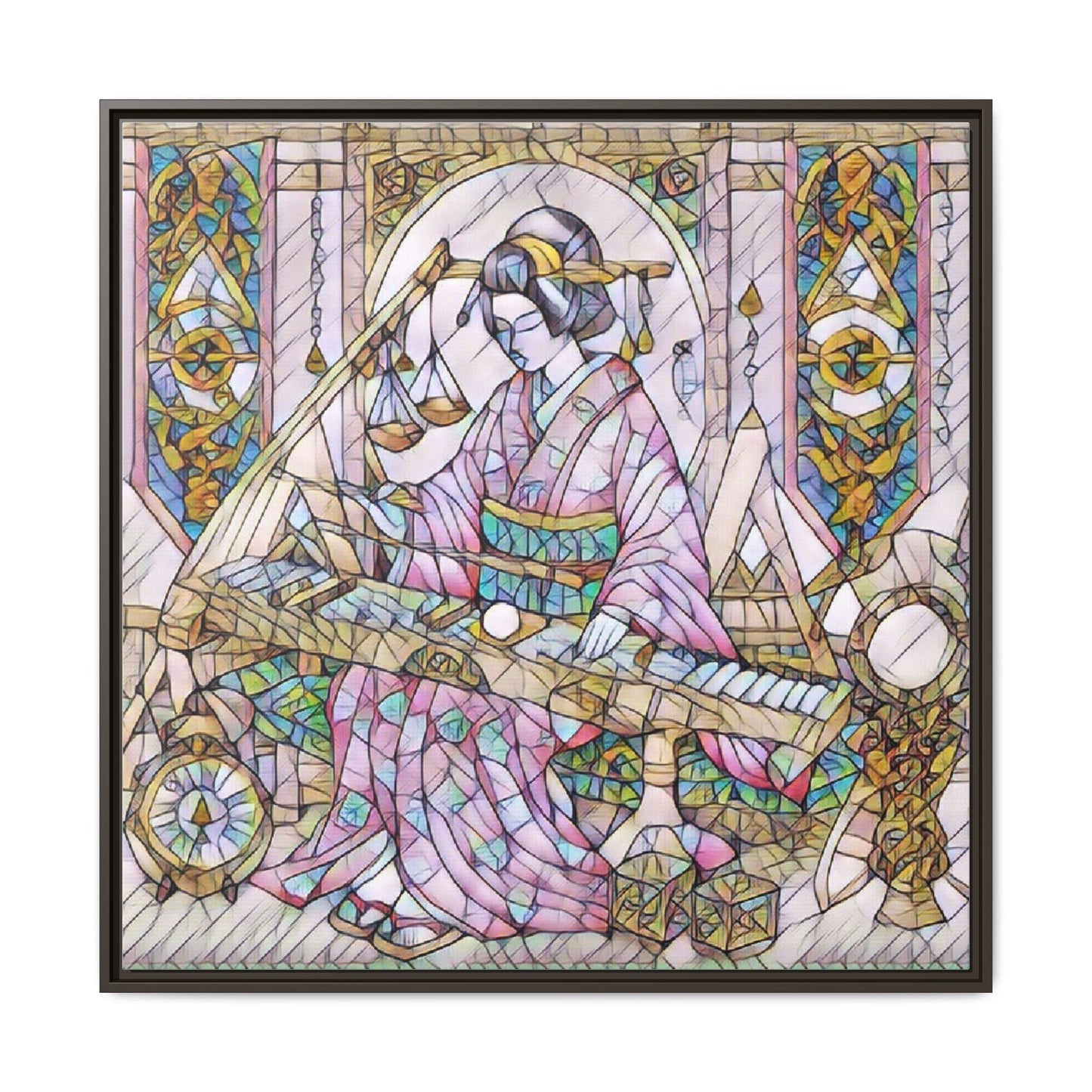 Framed Matte Canvas — Geisha Harp Stained-Glass Art Print