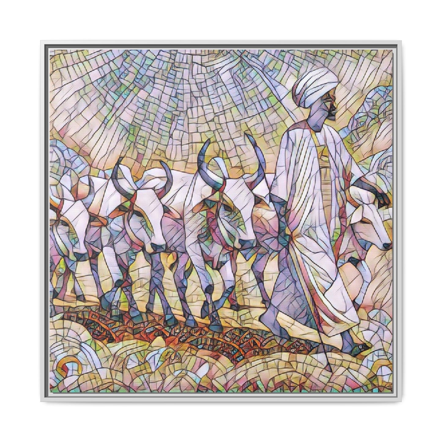 Framed Matte Canvas Art — African Herdsman Mosaic Print