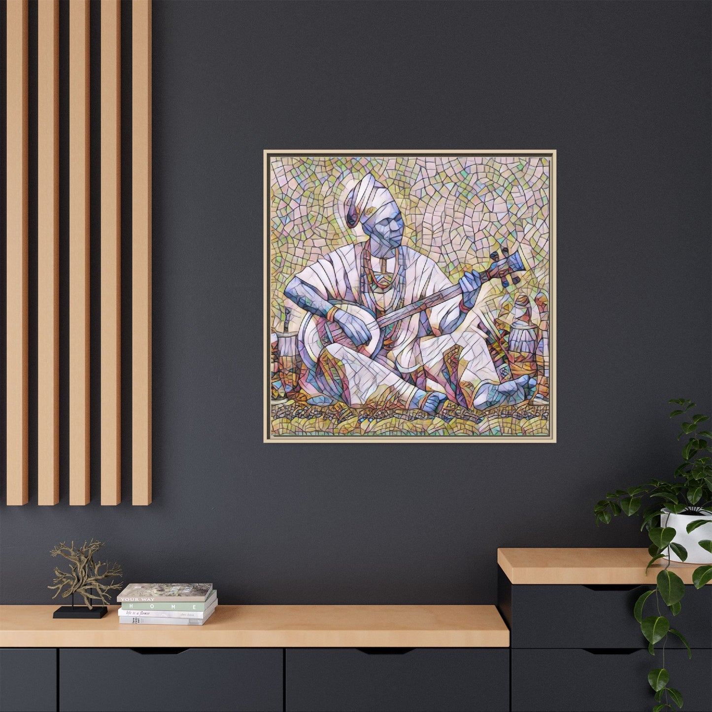 Framed Mosaic Musician Canvas Art — African Griot with Kora