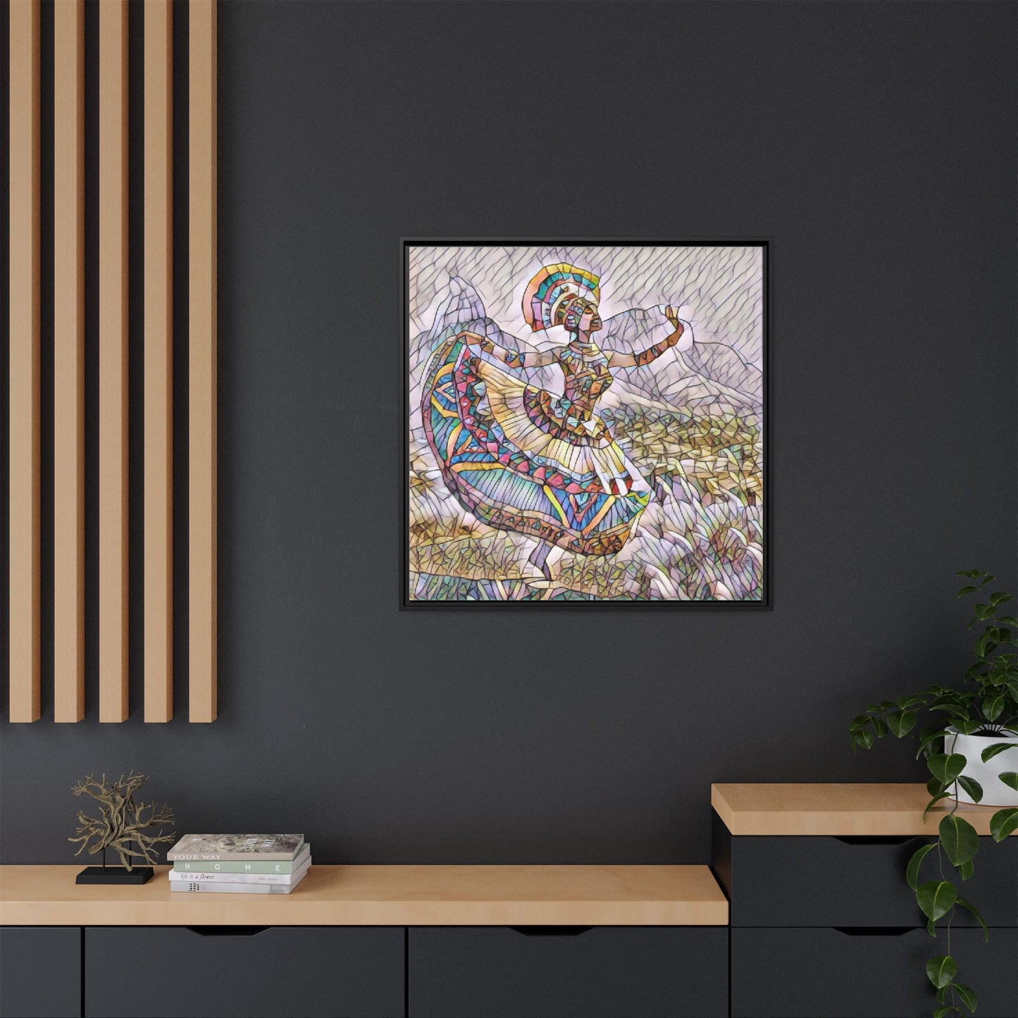Ballerina Mosaic Framed Canvas Print — Colorful Ethnic Dance Wall Art