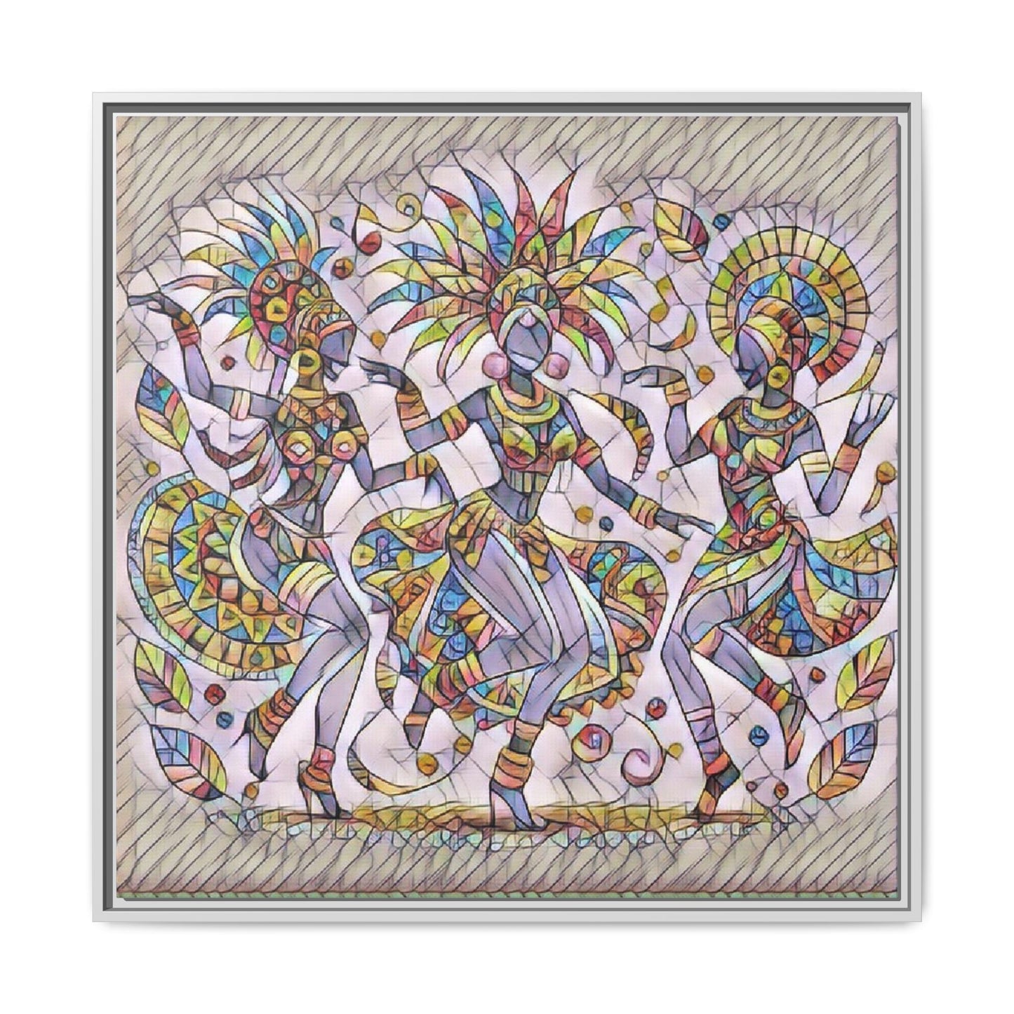 Colorful Carnival Dancers Framed Canvas Art — Multicolor Tribal Celebration Print