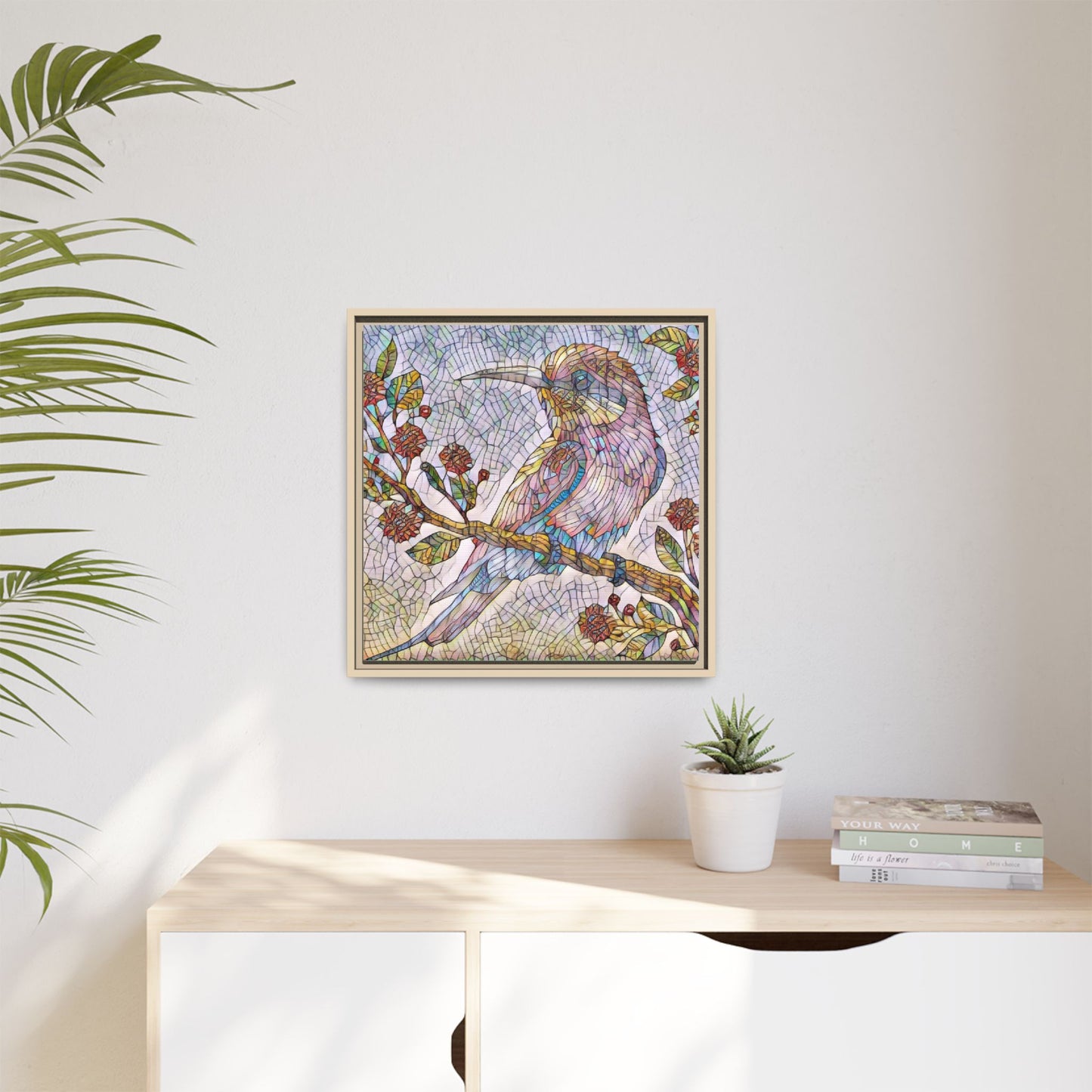Framed Mosaic Bird Art Print — Colorful Kookaburra Wall Canvas