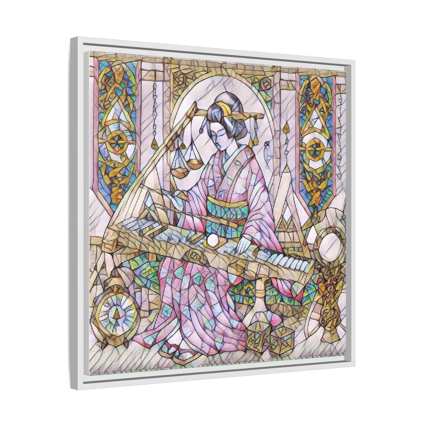 Framed Matte Canvas — Geisha Harp Stained-Glass Art Print