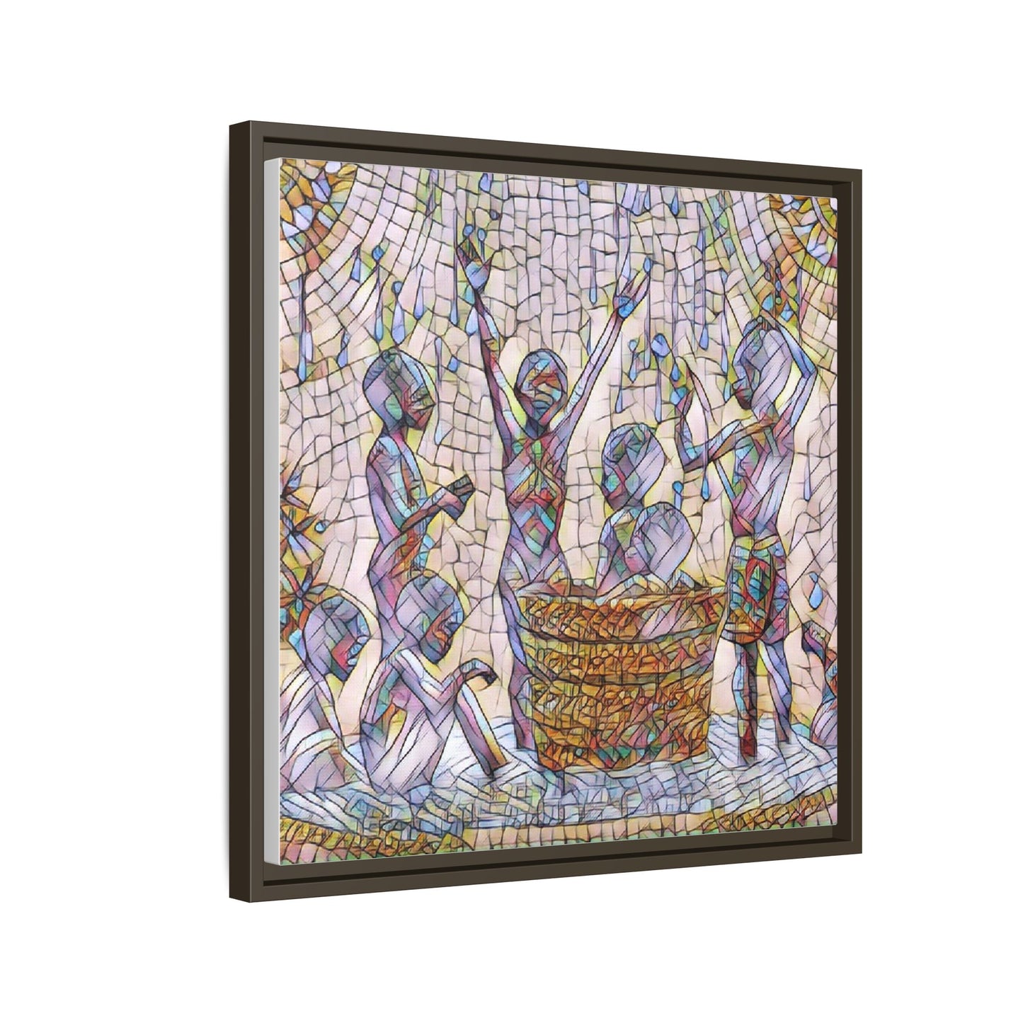 Framed Matte Canvas Art — Children Playing Mosaic Illustration
