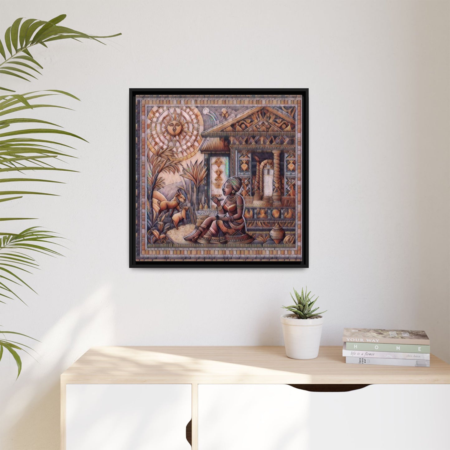 Egyptian Goddess Mosaic Framed Canvas Art — Colorful Ancient Ritual Wall Decor