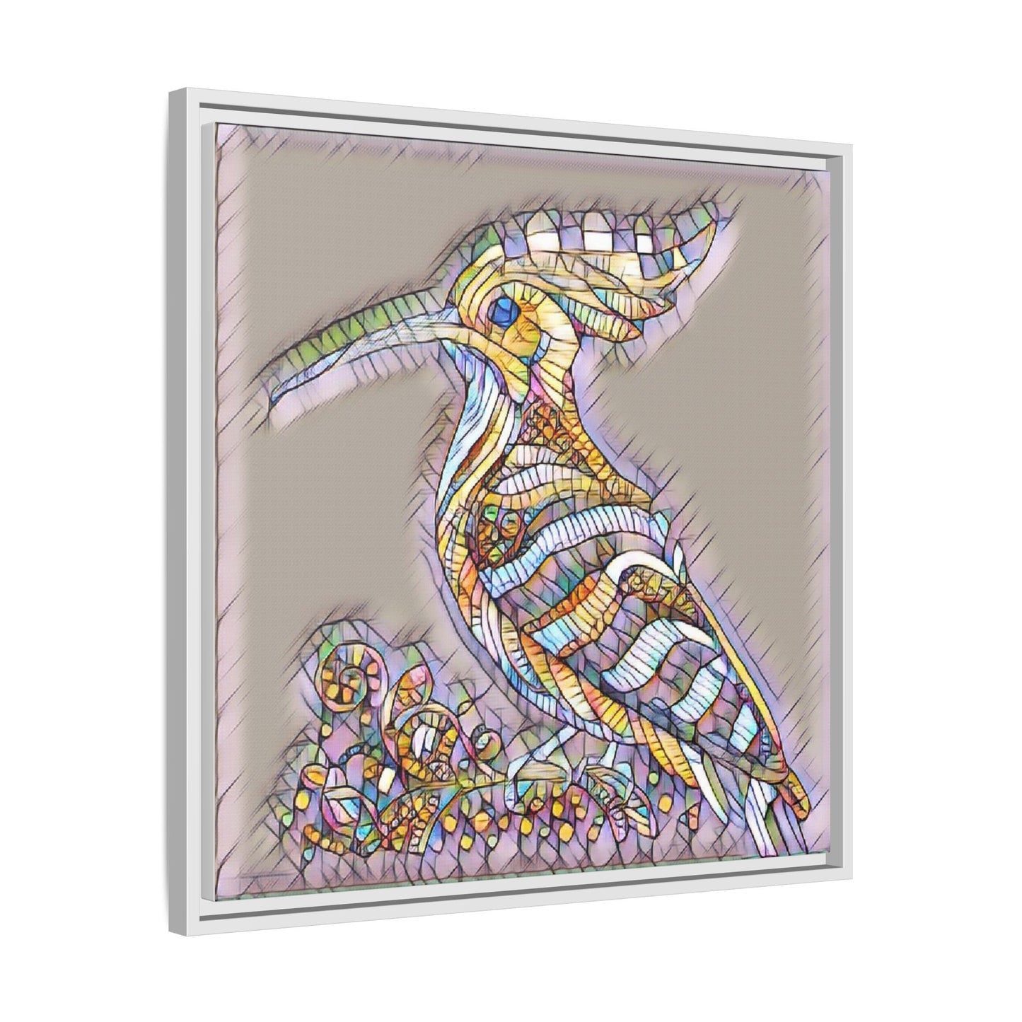 Colorful Mosaic Bird Framed Canvas Art — Whimsical Hoopoe Wall Decor