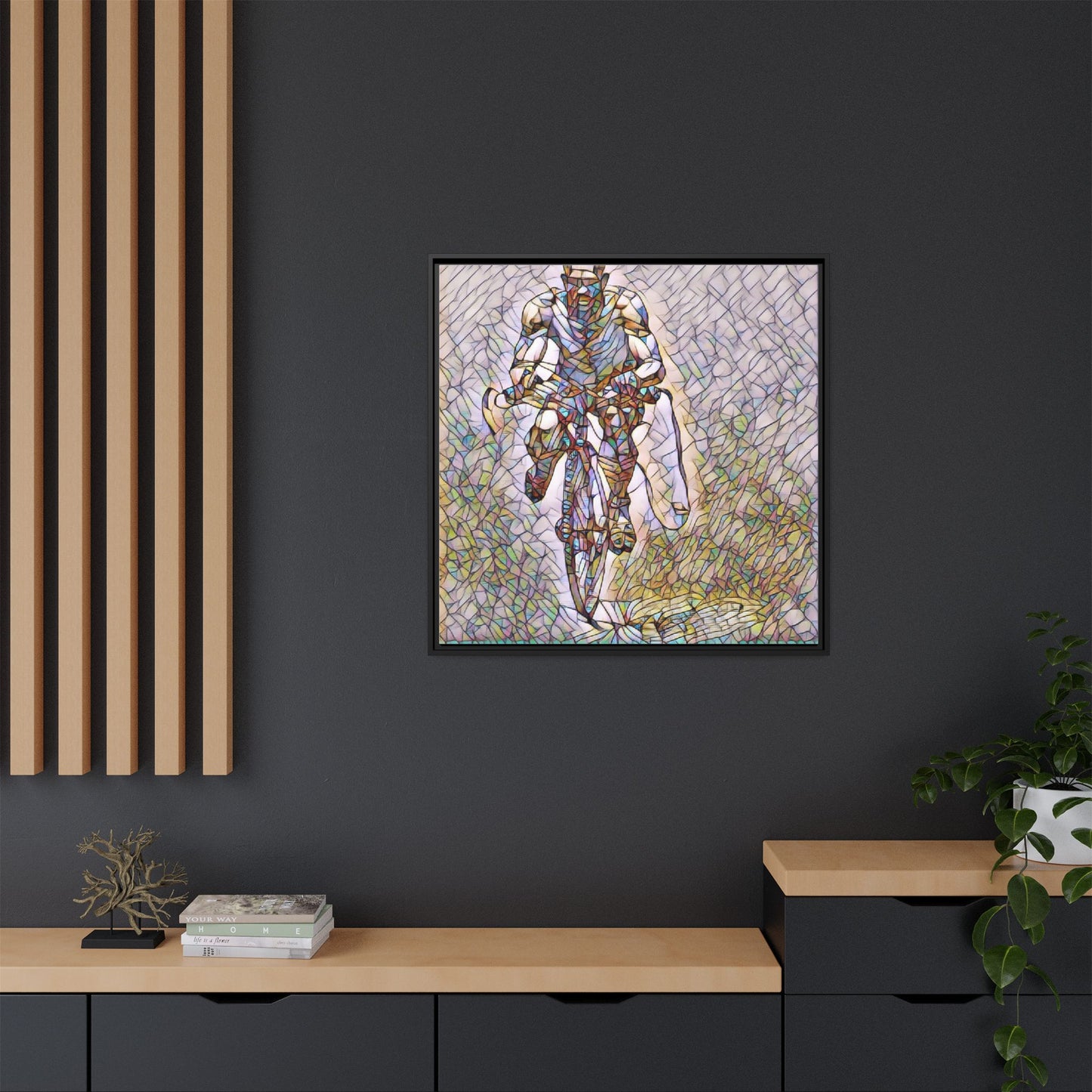 Cyclist Art Print — Framed Matte Canvas Wall Art (Multicolor Stained-Glass Style)