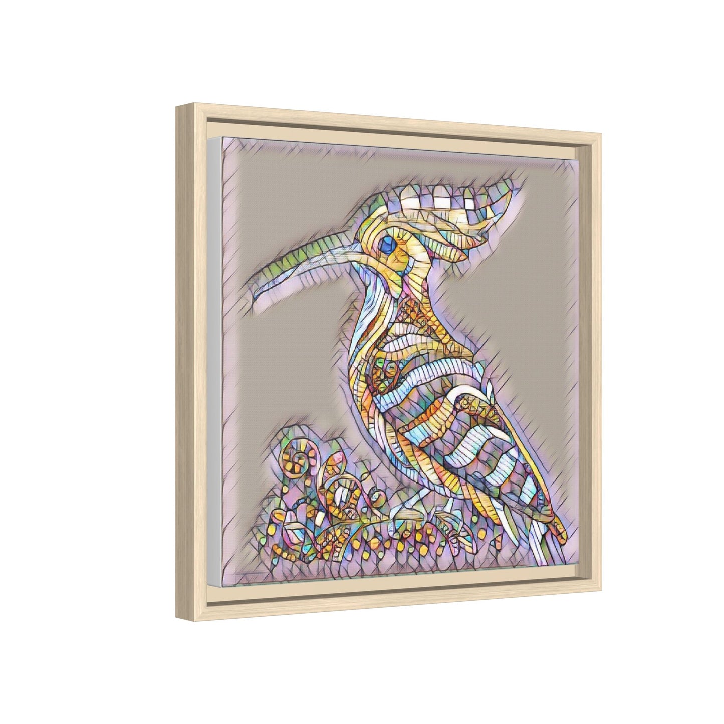 Colorful Mosaic Bird Framed Canvas Art — Whimsical Hoopoe Wall Decor