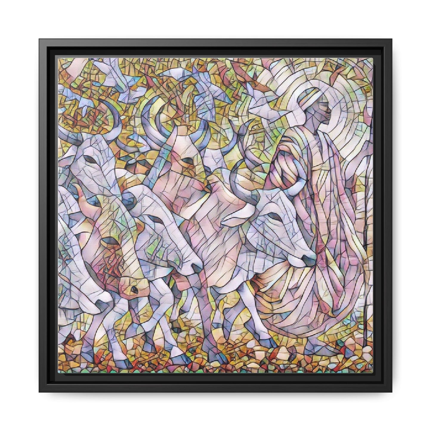 Framed Matte Canvas Art — Stained-Glass Style Cattle Herd