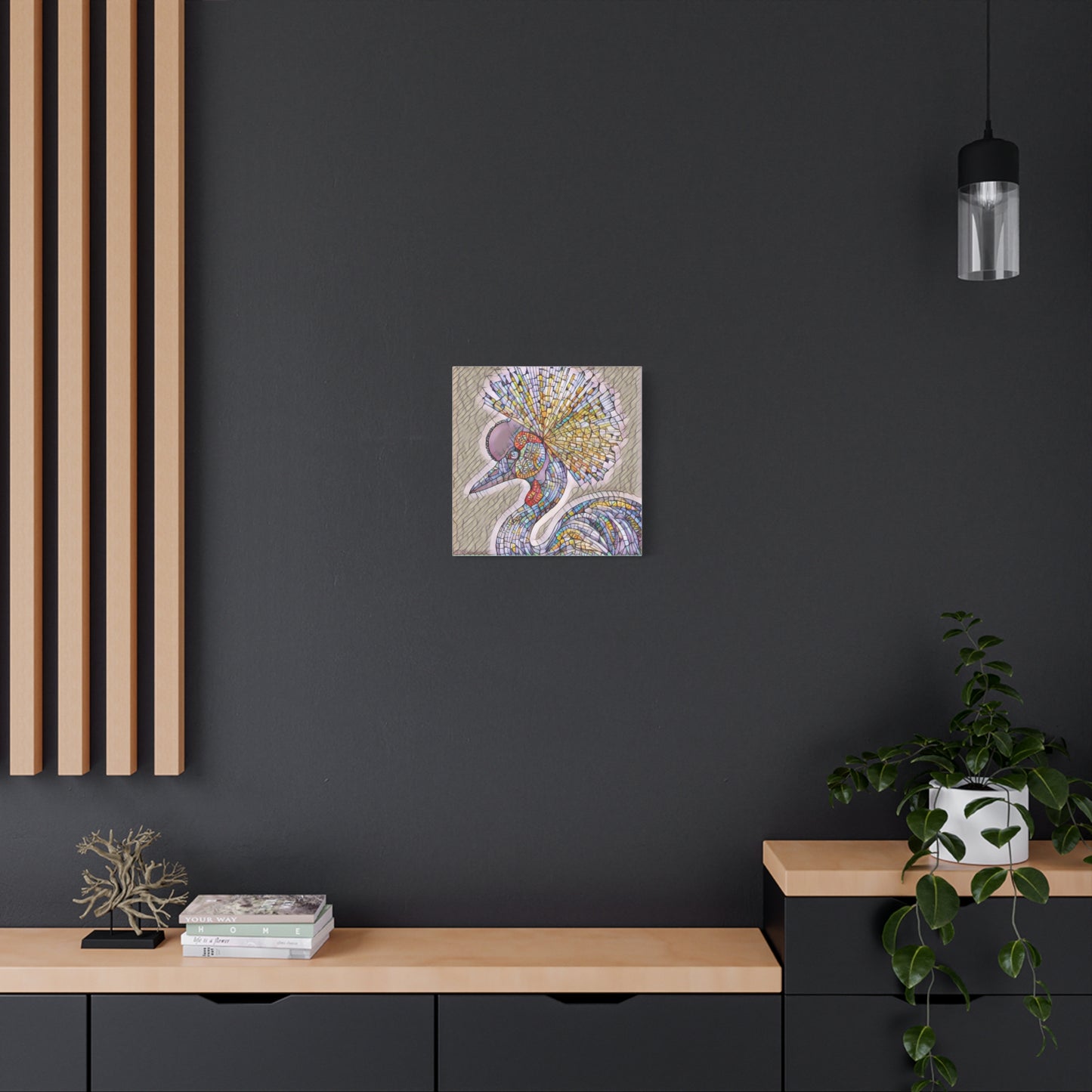Colorful Mosaic Crowned Crane Canvas Wall Art — Stretched Matte Print