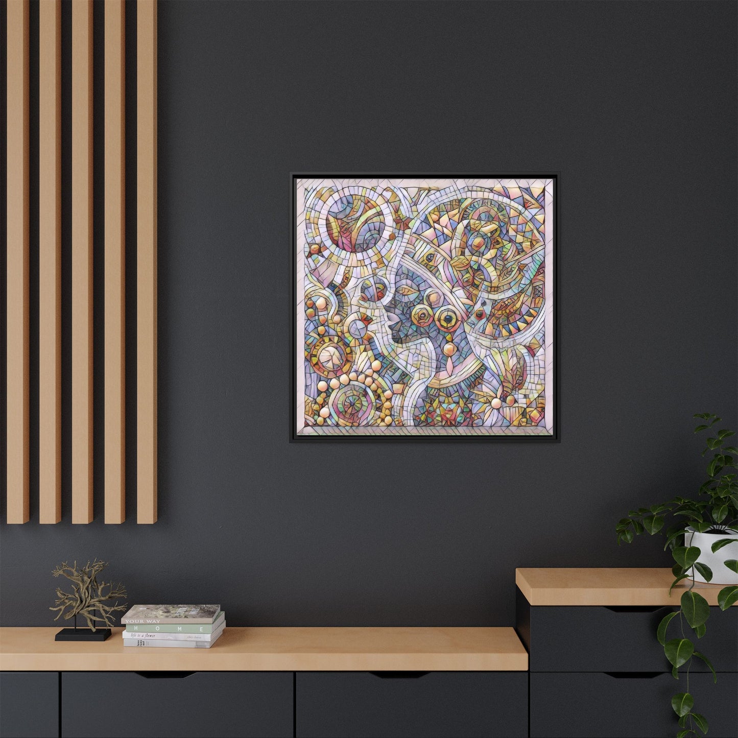 Abstract Mosaic Framed Canvas Art — Multicolor Geometric Wall Decor