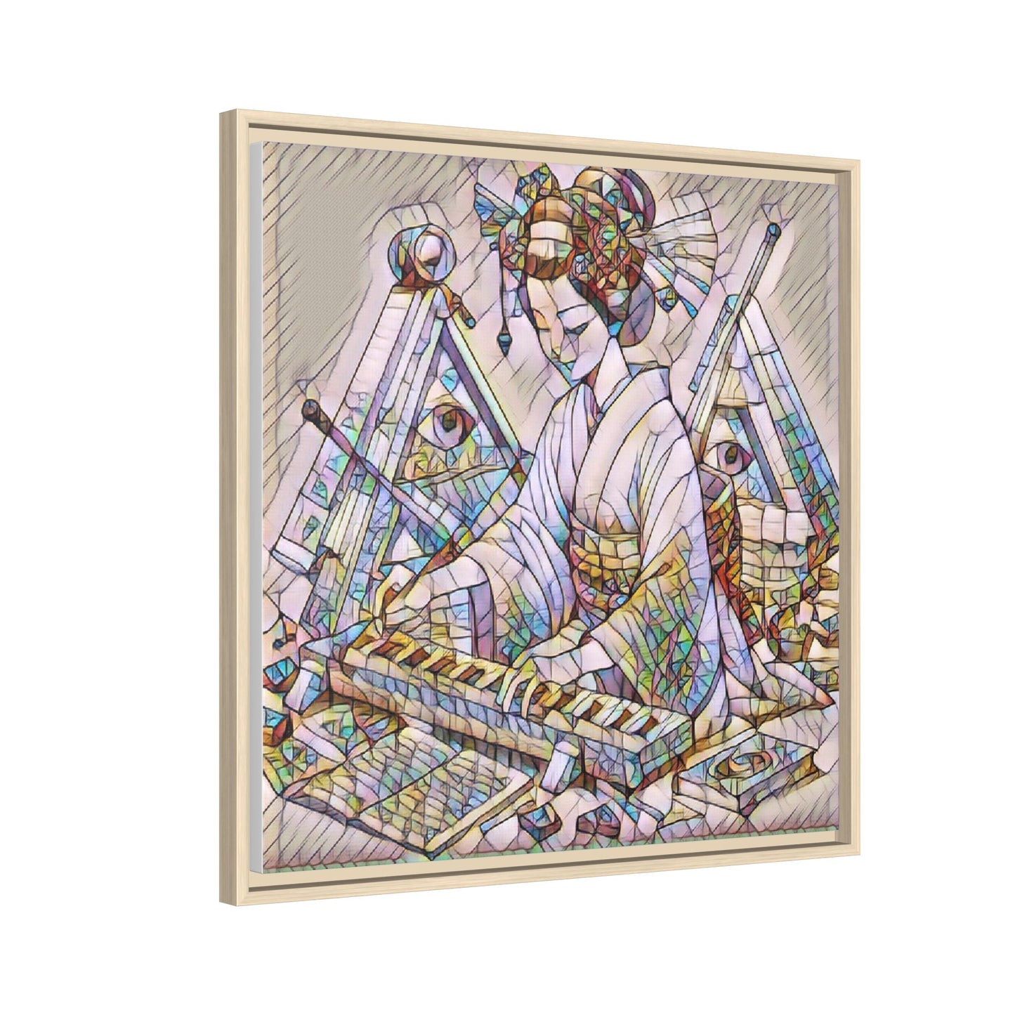 Framed Matte Canvas: Stained-Glass Geisha Wall Art