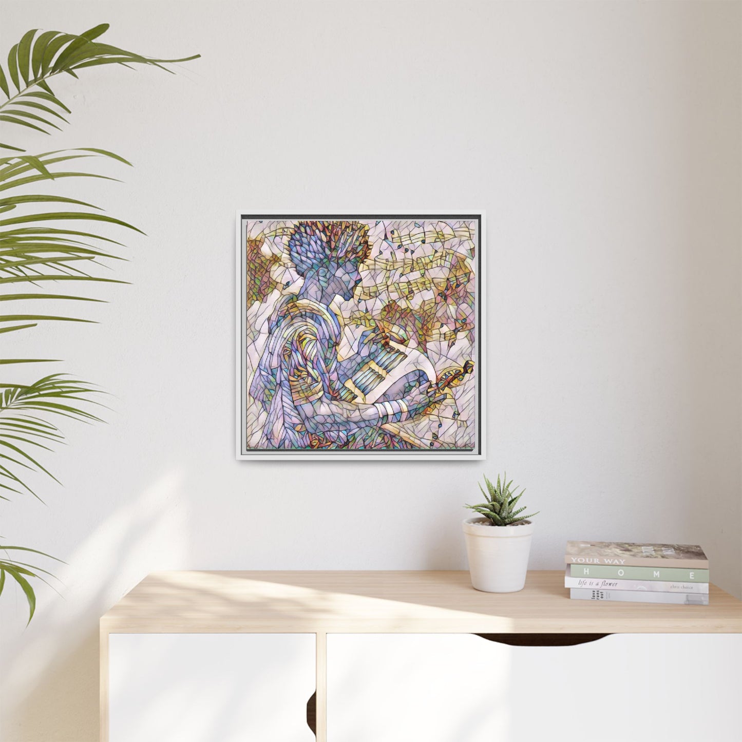 Abstract Jazz Musician Framed Canvas Art — Colorful Stained-Glass Style Wall Decor