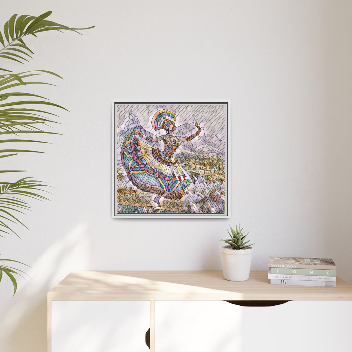 Ballerina Mosaic Framed Canvas Print — Colorful Ethnic Dance Wall Art