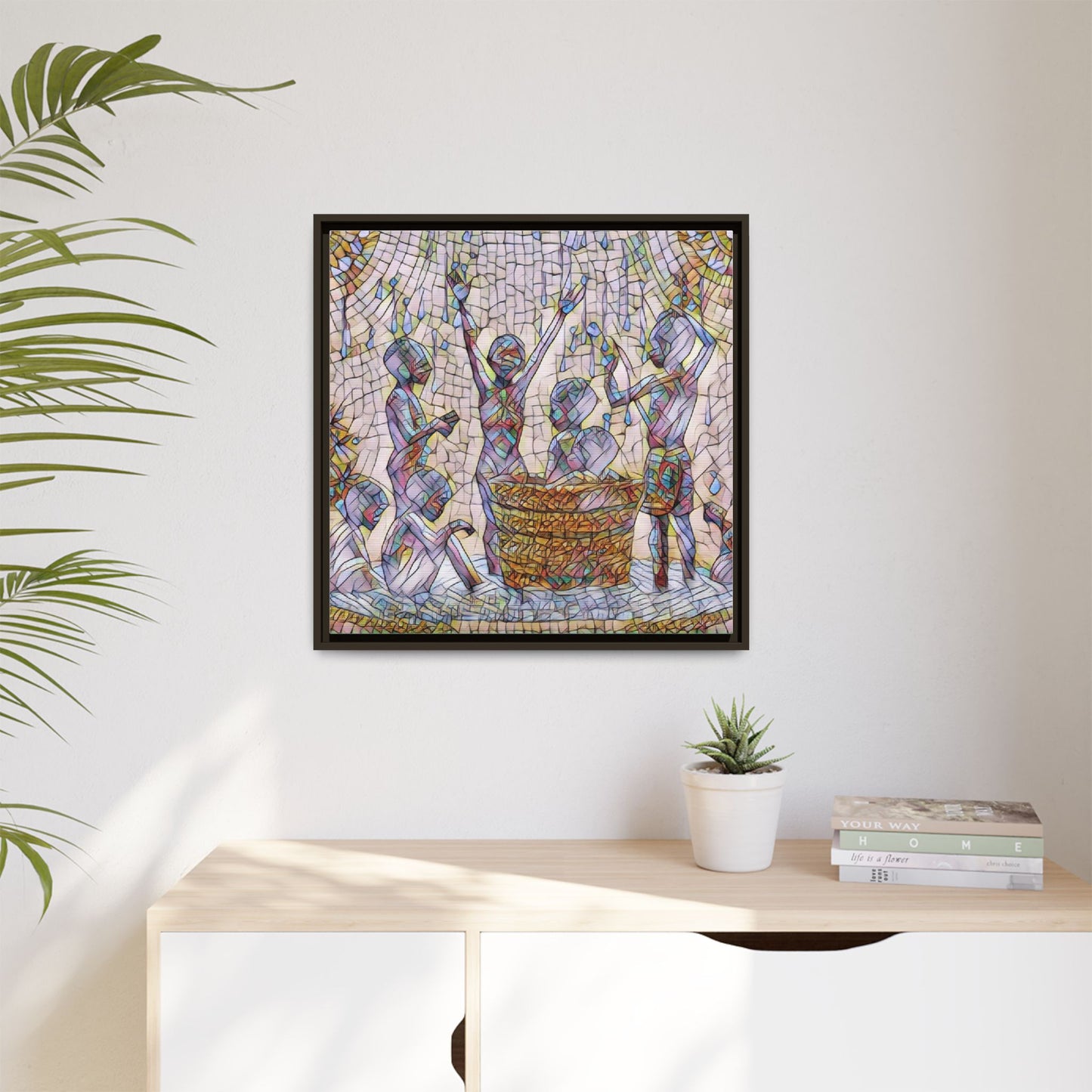 Framed Matte Canvas Art — Children Playing Mosaic Illustration