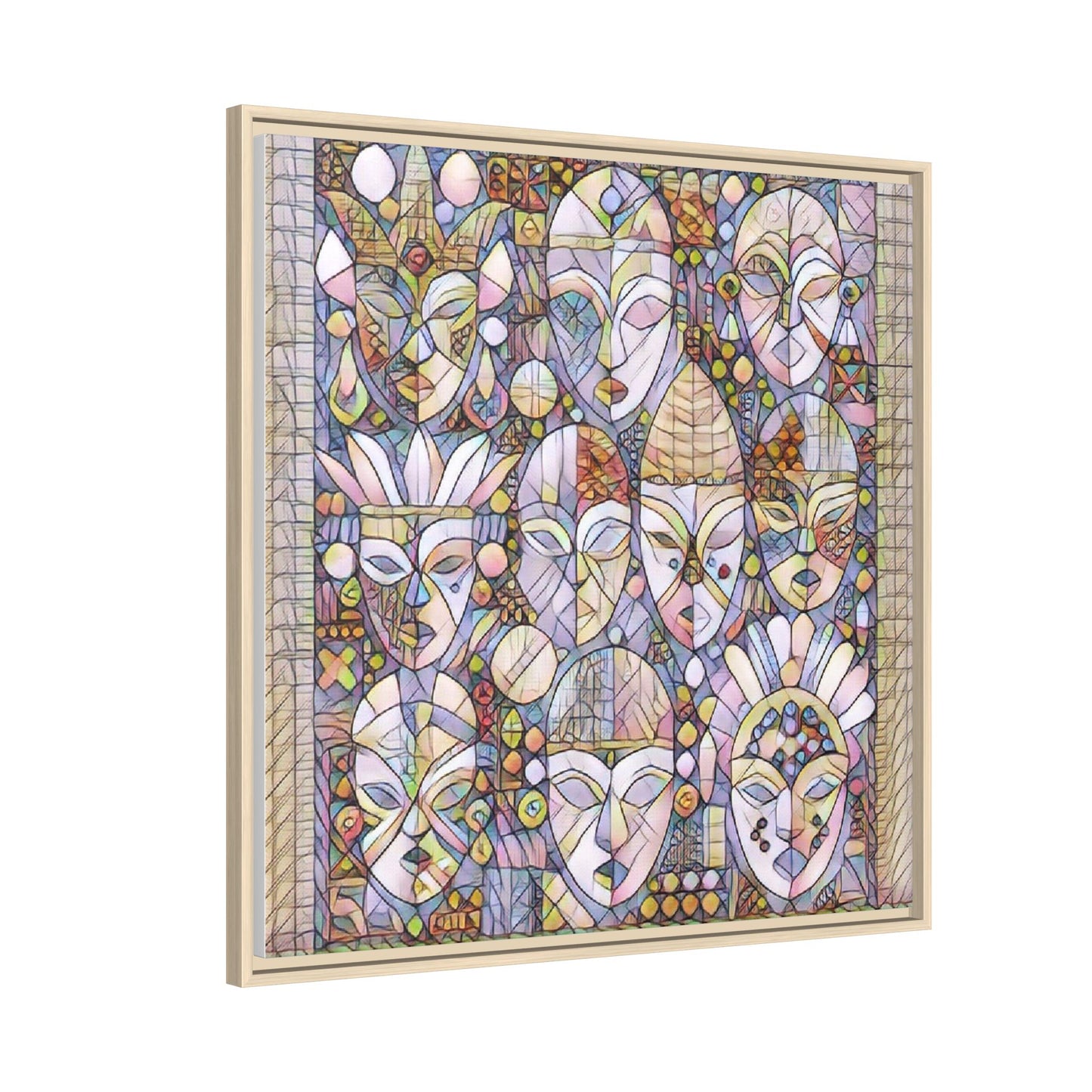 Framed Abstract Mask Art Canvas — Multicolor Stained-Glass Faces Wall Decor