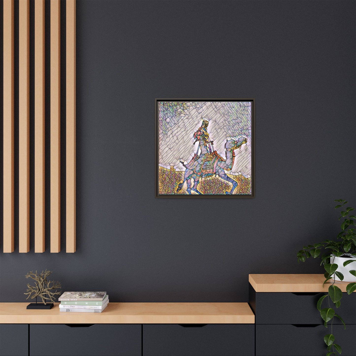 Framed Camel Rider Matte Canvas Art — Colorful Mosaic Desert Wall Decor