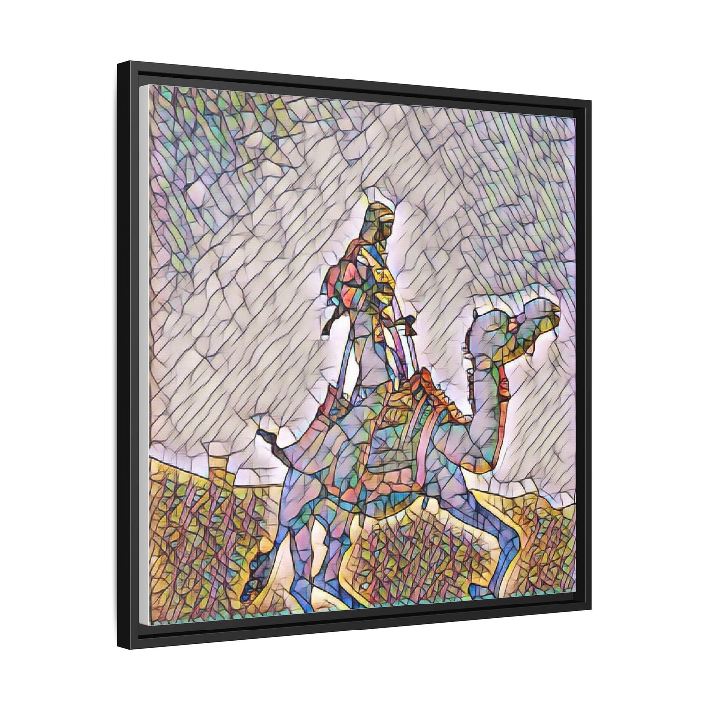 Framed Camel Rider Matte Canvas Art — Colorful Mosaic Desert Wall Decor