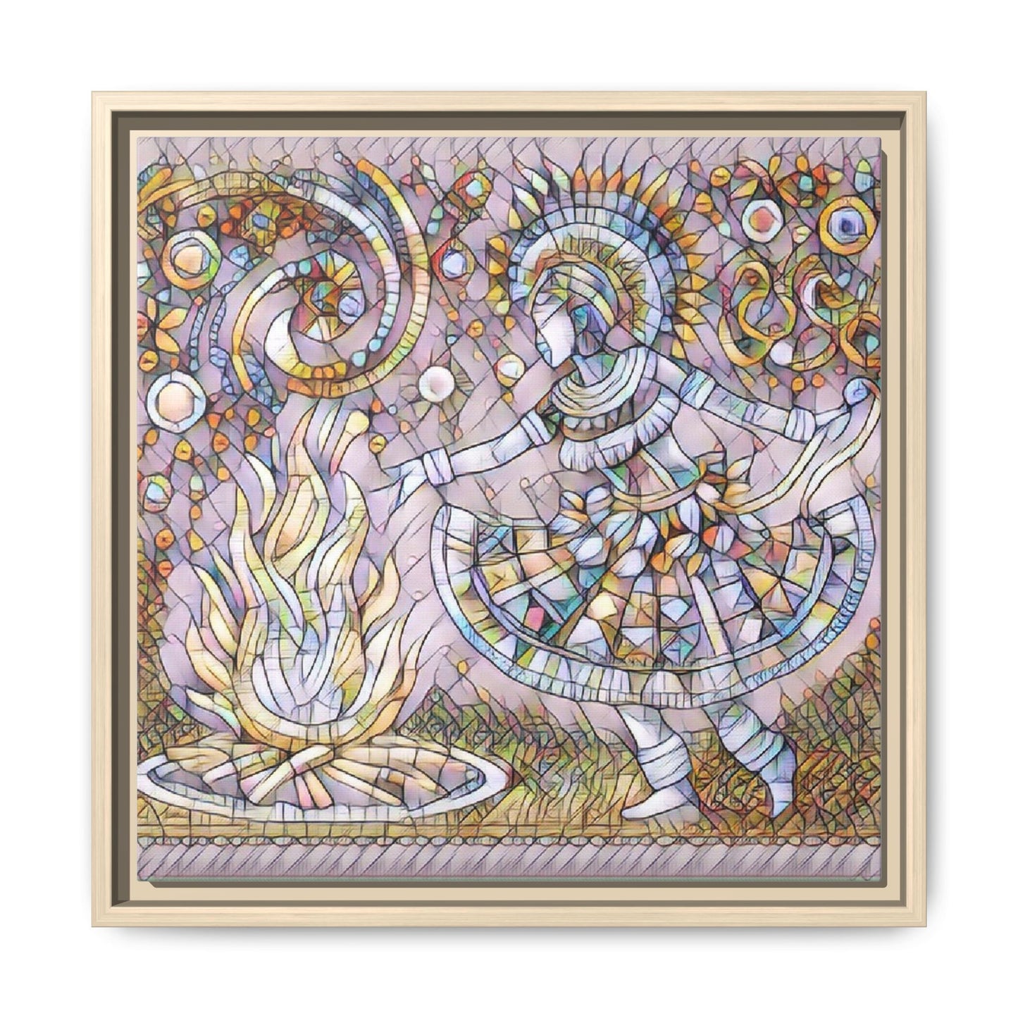 Bohemian Fire Dancer Framed Canvas Art — Colorful Folk Mosaic Wall Decor