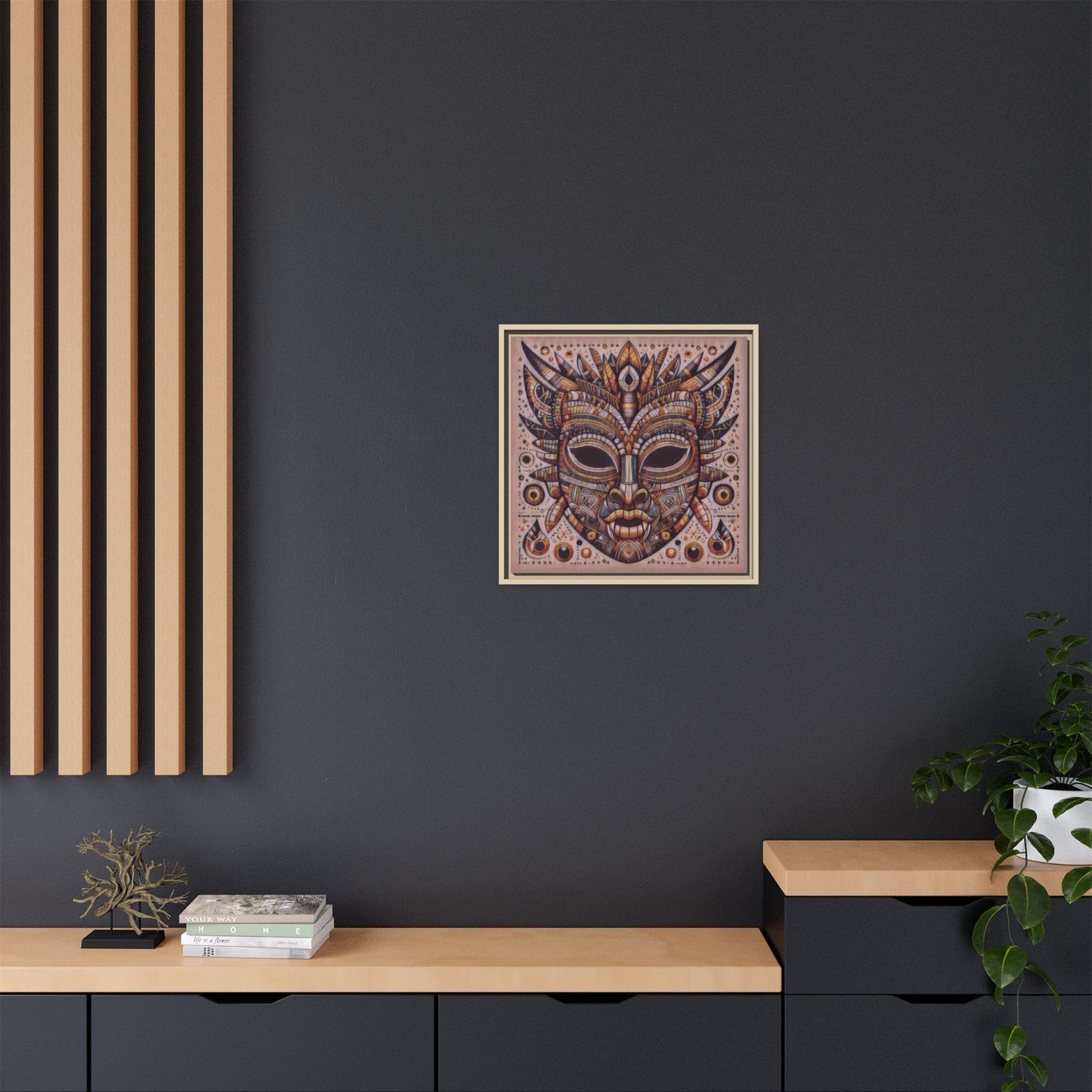 Tribal Mask Framed Canvas Art — Multicolor Matte Wall Decor