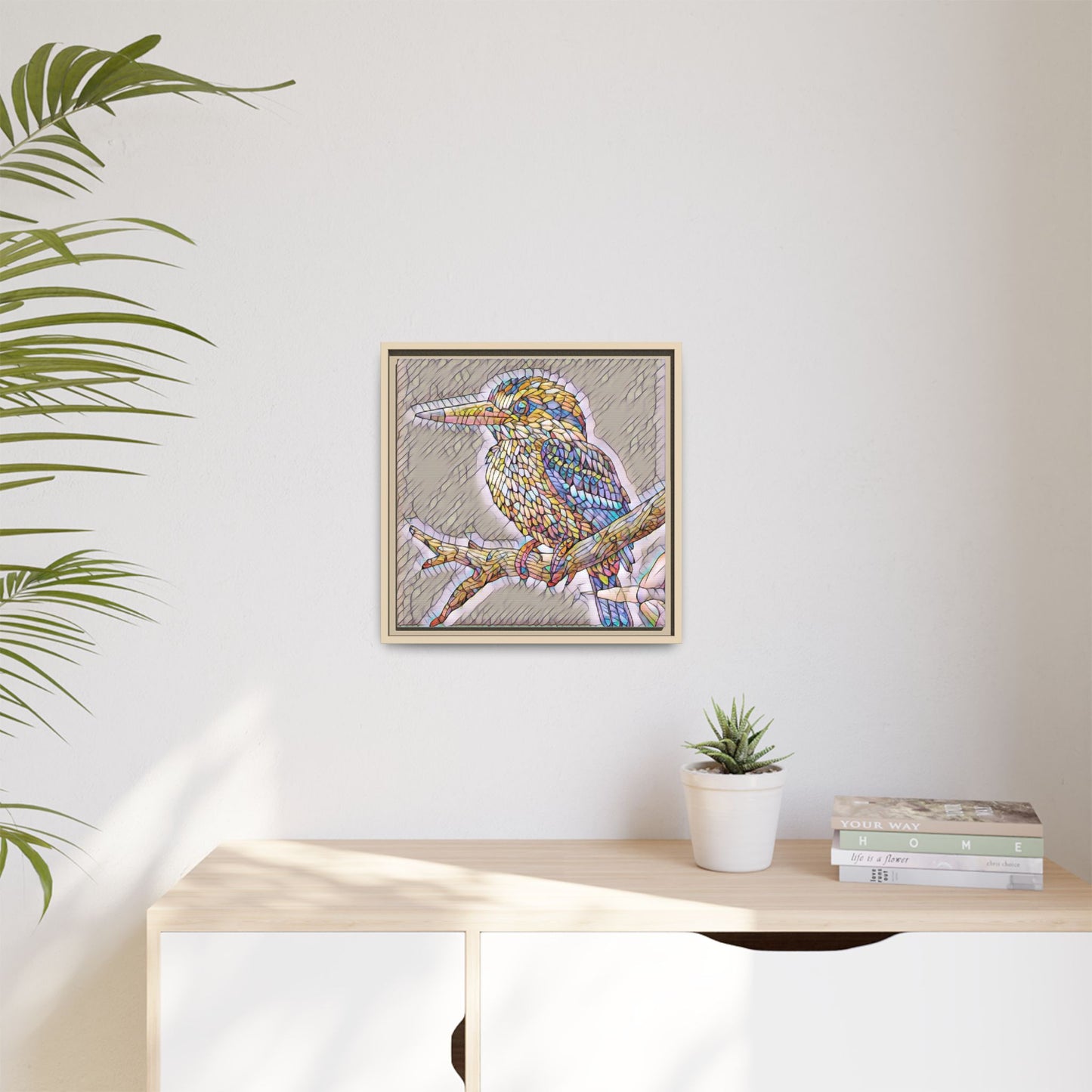 Colorful Kingfisher Framed Canvas Wall Art — Stained-Glass Style Bird Print