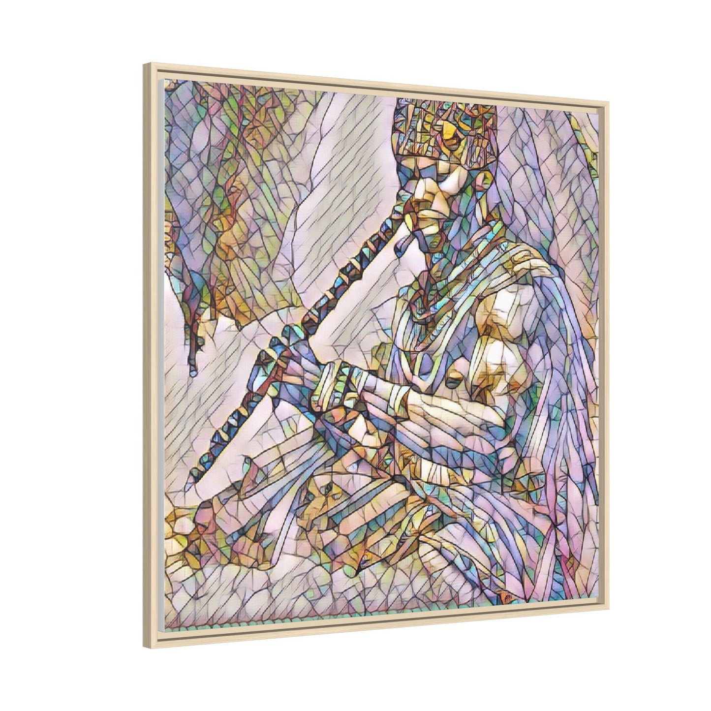 Tribal Flute Musician Stained-Glass Framed Canvas Art