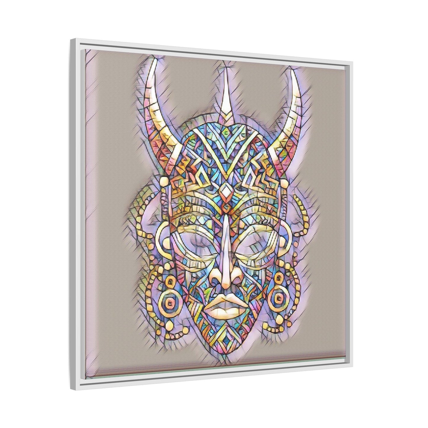 Colorful Tribal Mask Framed Canvas Art — Abstract Ethnic Wall Decor
