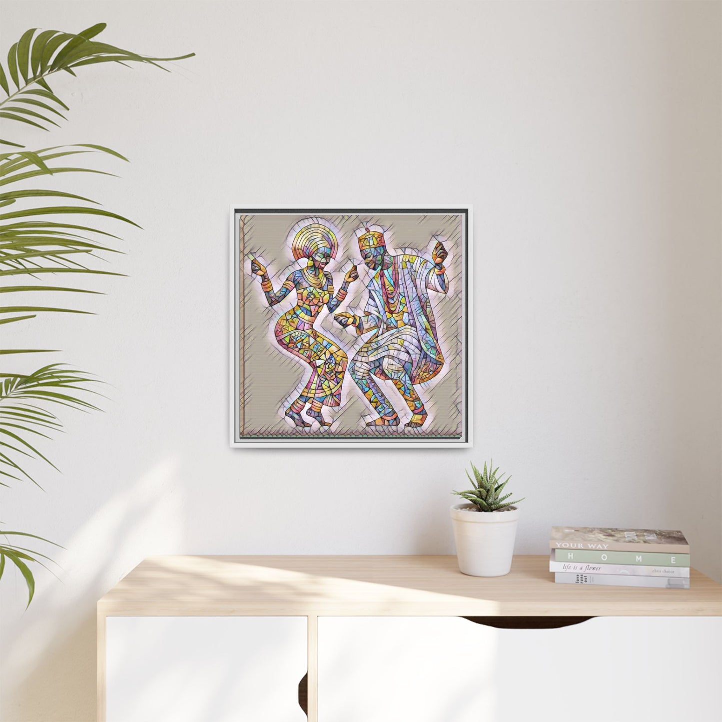 Afrobeat Dancers Framed Canvas Art — Colorful Mosaic African Dance Print