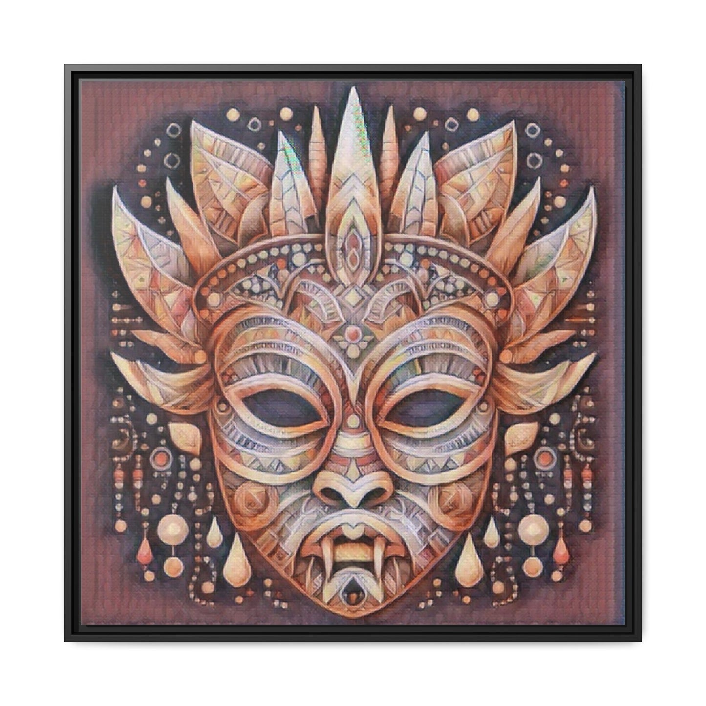 Tribal Sun Mask Framed Canvas Art — Boho Ethnic Wall Decor