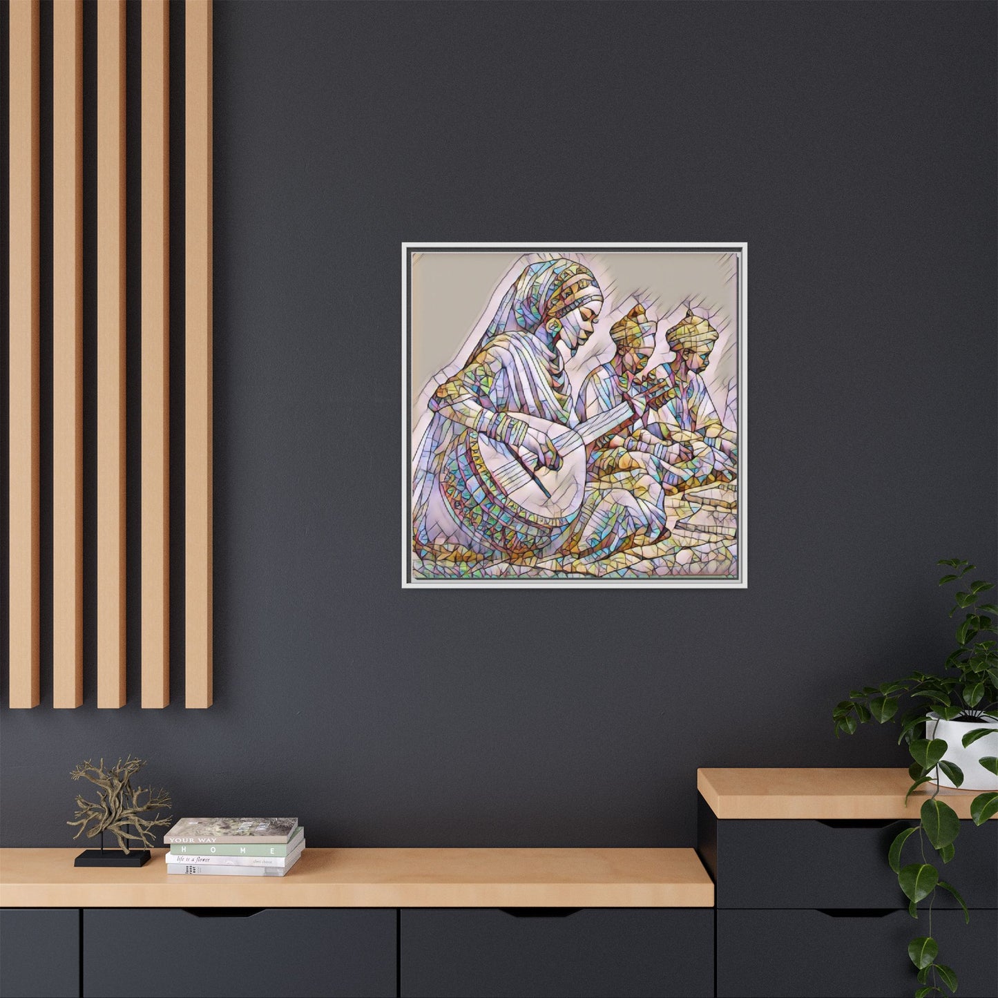 Framed Matte Canvas: Colorful Moroccan Musicians Wall Art