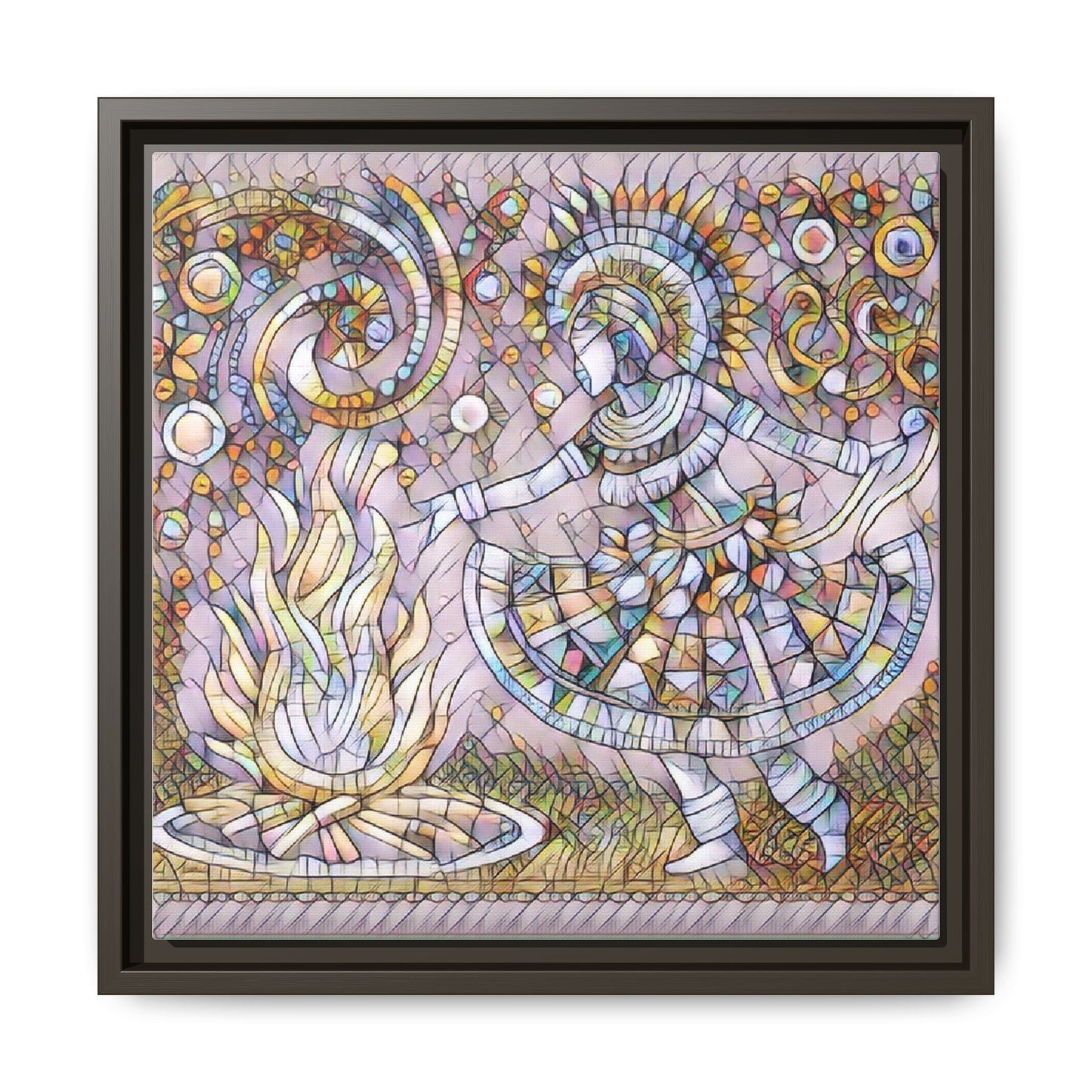Bohemian Fire Dancer Framed Canvas Art — Colorful Folk Mosaic Wall Decor