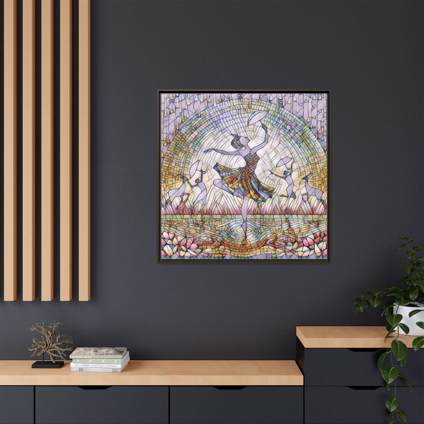 Stained Glass Ballerina Framed Canvas Art — Dancer Mosaic Wall Decor
