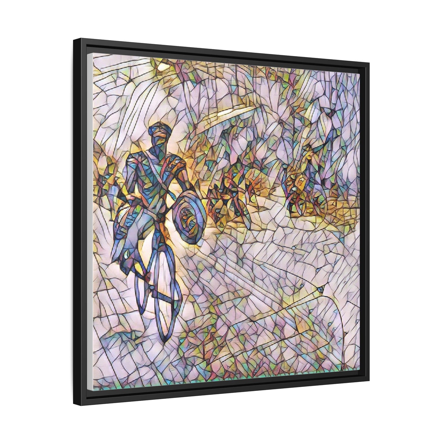 Cyclist Mosaic Matte Canvas Framed Wall Art — Colorful Biking Scene
