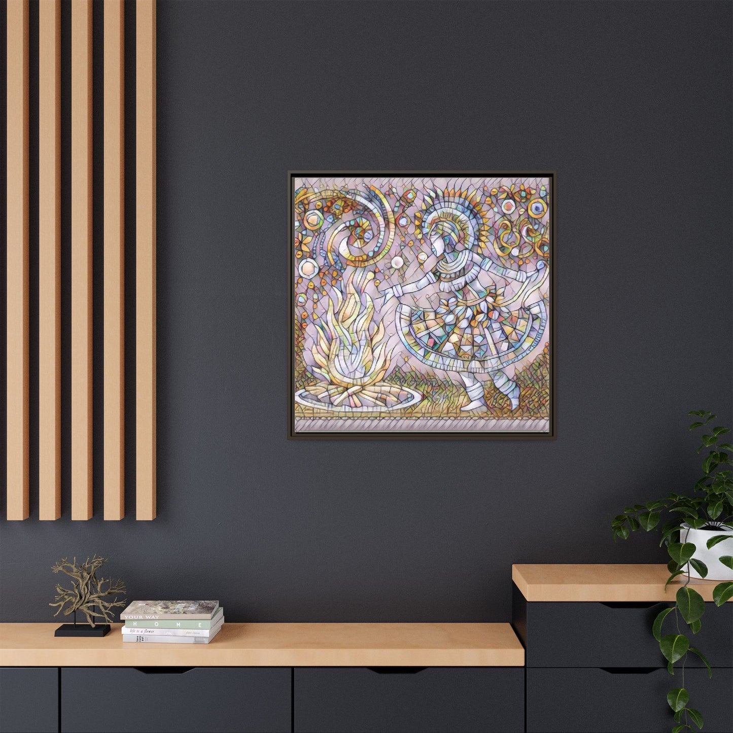 Bohemian Fire Dancer Framed Canvas Art — Colorful Folk Mosaic Wall Decor